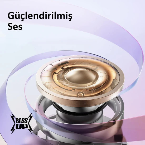 Hoparlör detayı. Altın, metalik merkez. Metin: Güçlendirilmiş Ses ve Bass Up.