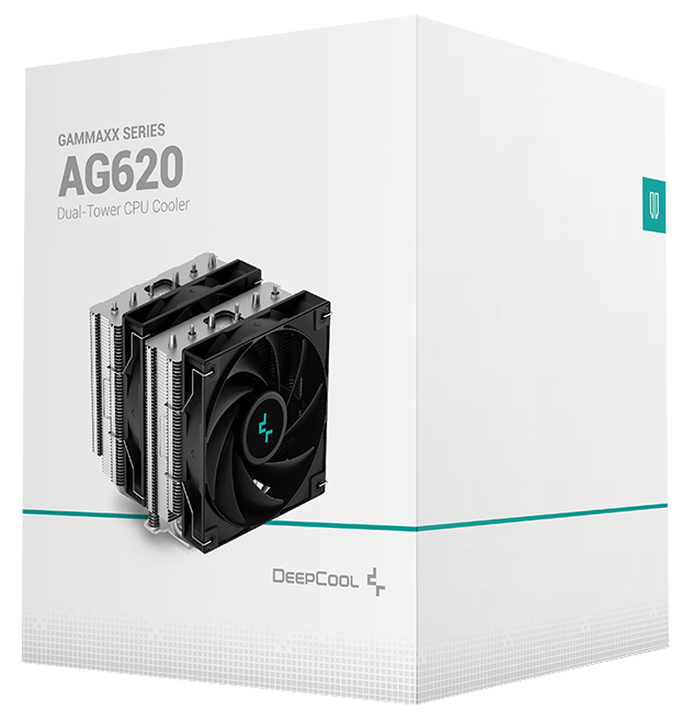 Egy fehér doboz fekete CPU-hűtővel belül, a DeepCool logóval.