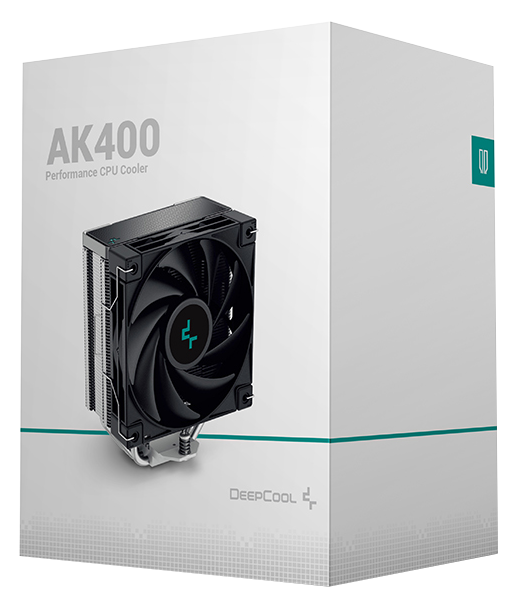 Fehér doboz fekete CPU-hűtővel. Ventillátorral és 'AK400 Performance CPU Cooler' szöveggel.
