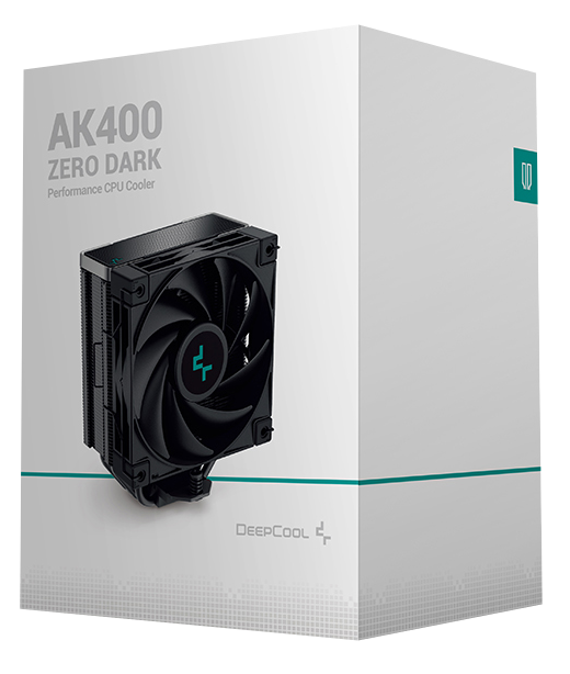 Fekete CPU hűtő egy dobozzal fehér háttéren, az 'AK400 Zero Dark' szöveggel.