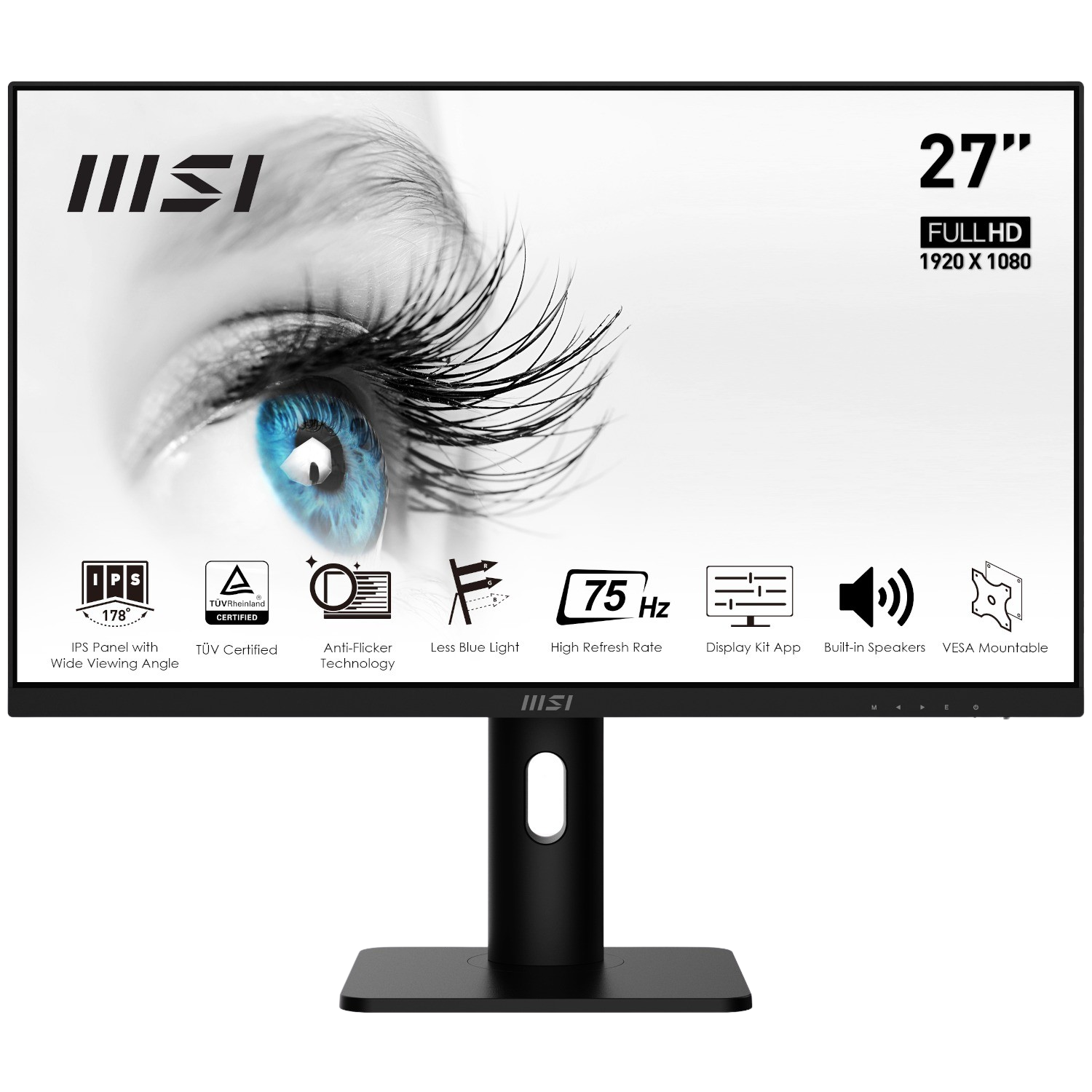 Écran MSI 27 pouces. Il a une résolution Full HD, un taux de rafraîchissement de 75 Hz, anti-scintillement et des haut-parleurs intégrés. Œil sur l'écran.