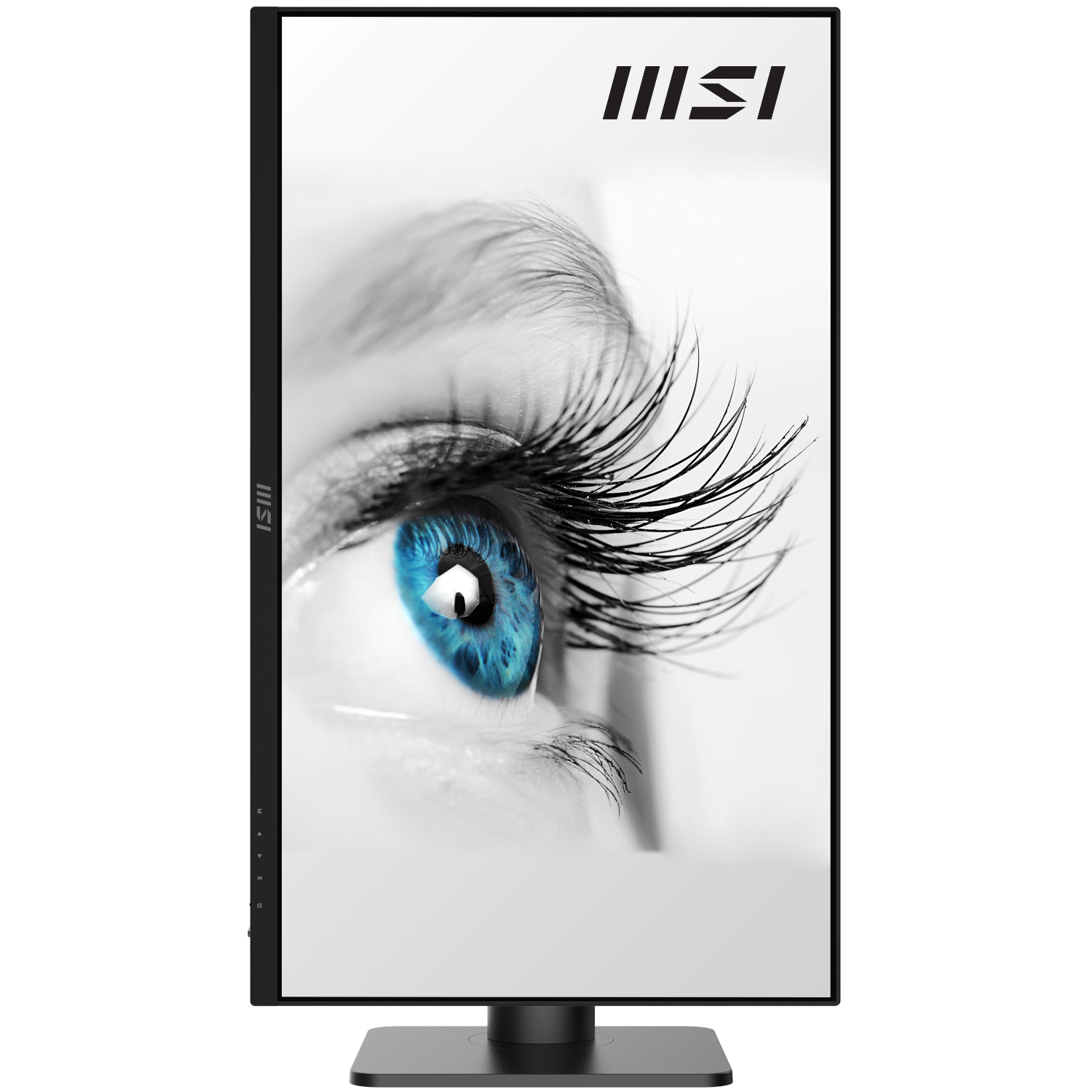 Un écran d'ordinateur affiche un gros plan d'un œil bleu avec de longs cils sur un fond noir et blanc. Le logo MSI est en haut.