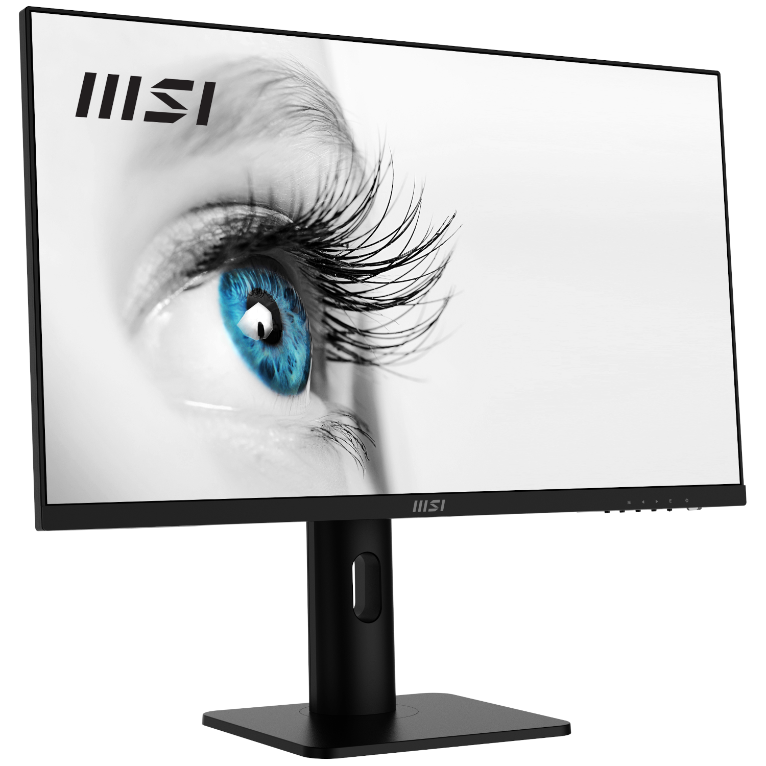 Le moniteur MSI affiche un gros plan d'un œil bleu, des cils noirs et le logo MSI. Le moniteur est noir, sur fond blanc.