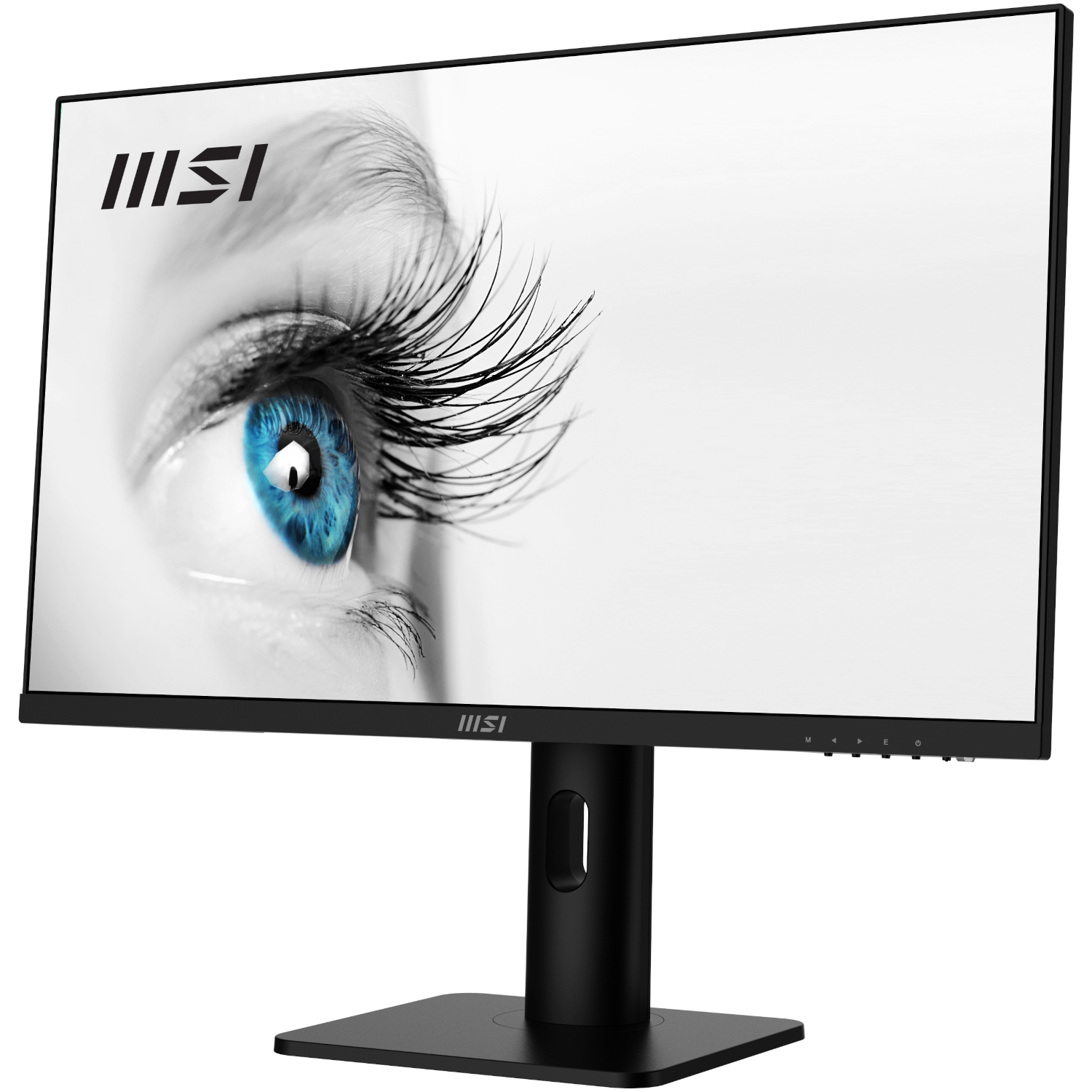 Un moniteur noir affiche un gros plan d'un œil bleu avec de longs cils. Le logo MSI est visible. Le moniteur est sur un pied noir.