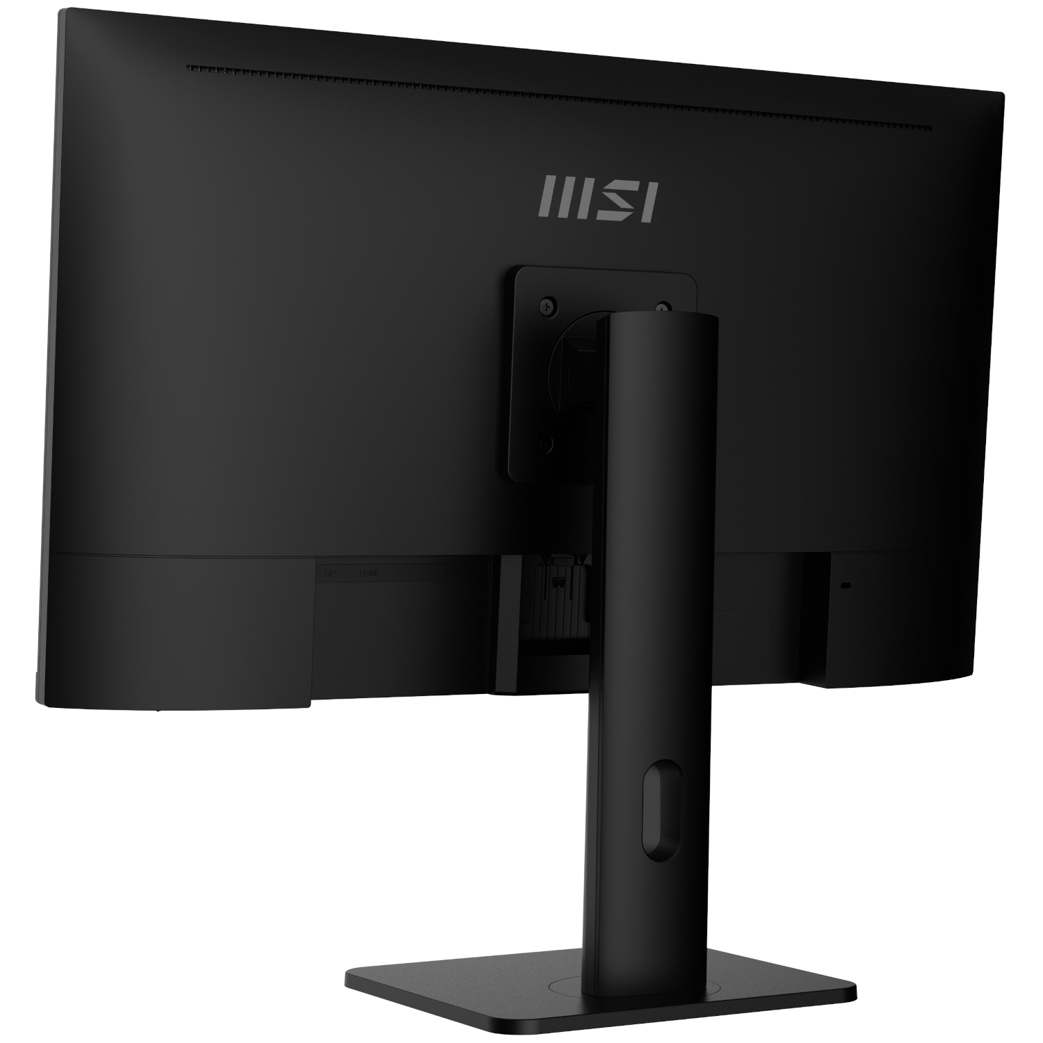 Arrière d'un écran d'ordinateur noir avec support. Le logo MSI est visible. L'écran a une forme rectangulaire et une base solide.