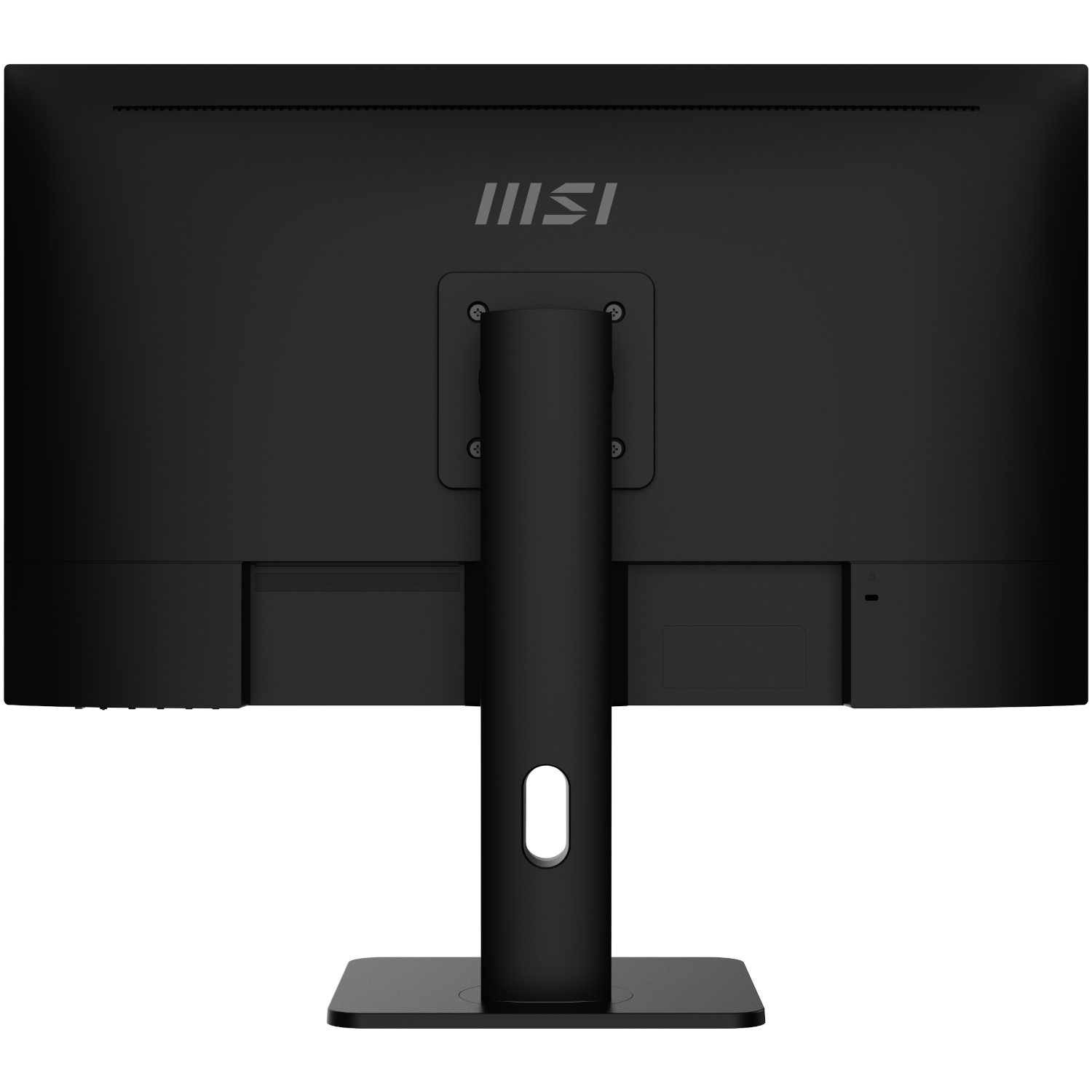 Dos d'un moniteur MSI noir, montrant le pied, les ports et le logo MSI. Le moniteur est sur fond blanc.