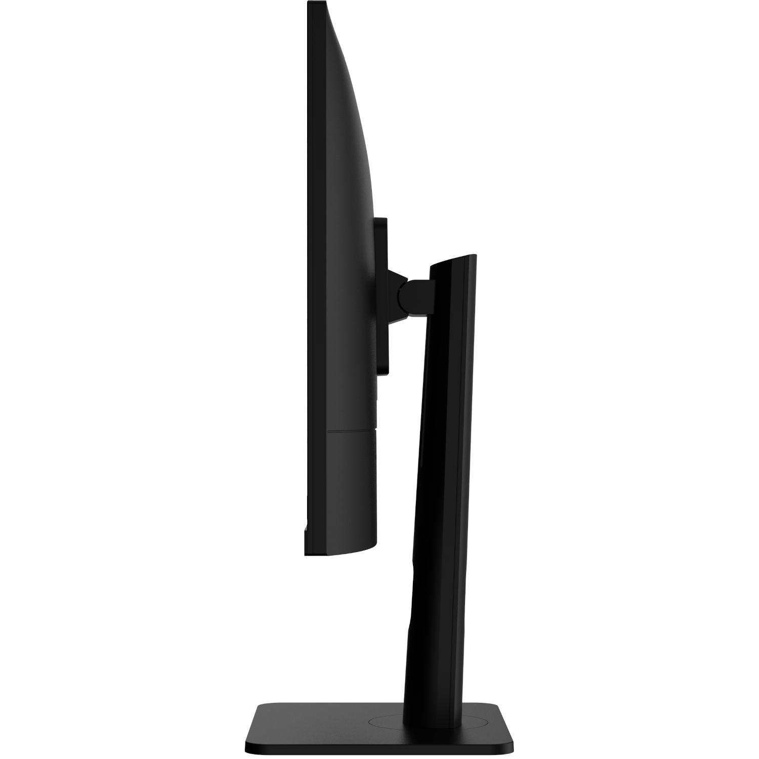 Vue latérale d'un écran d'ordinateur noir sur fond blanc. Le moniteur est monté sur un support.