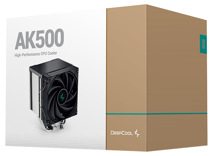 Egy CPU-hűtő a dobozzal. A dobozon az AK500 szavak és egy nagy teljesítményű CPU-hűtő látható.