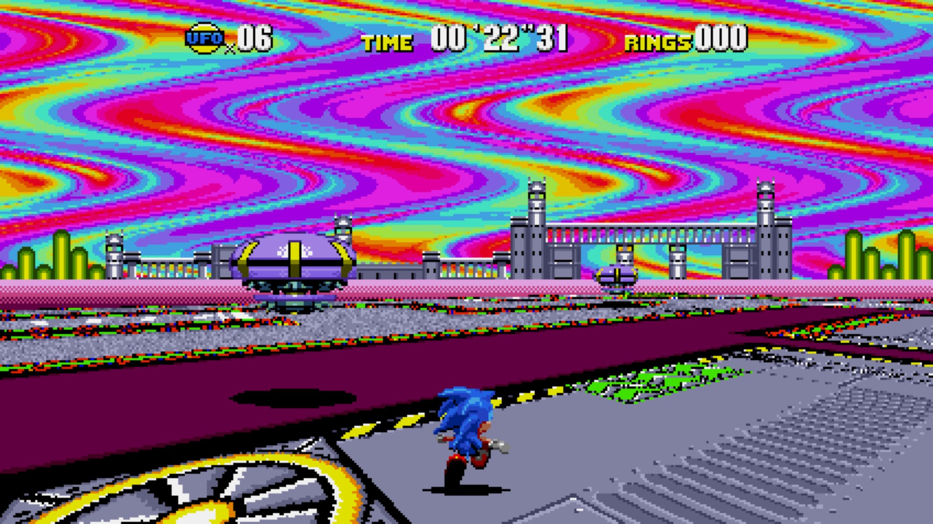 Una scena di un videogioco retrò con Sonic che corre su un paesaggio rosa e viola.