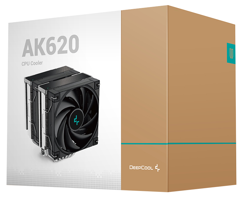 CPU-hűtő doboz. A doboz barna, fehér és kék szöveggel. Fekete CPU-hűtő látható.