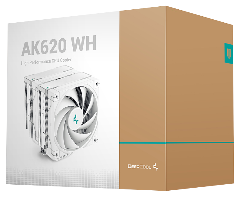 Fehér CPU-hűtő a dobozban. Az elülső rész ventilátorral ellátott hűtőt mutat. Barna doboz oldala látható.