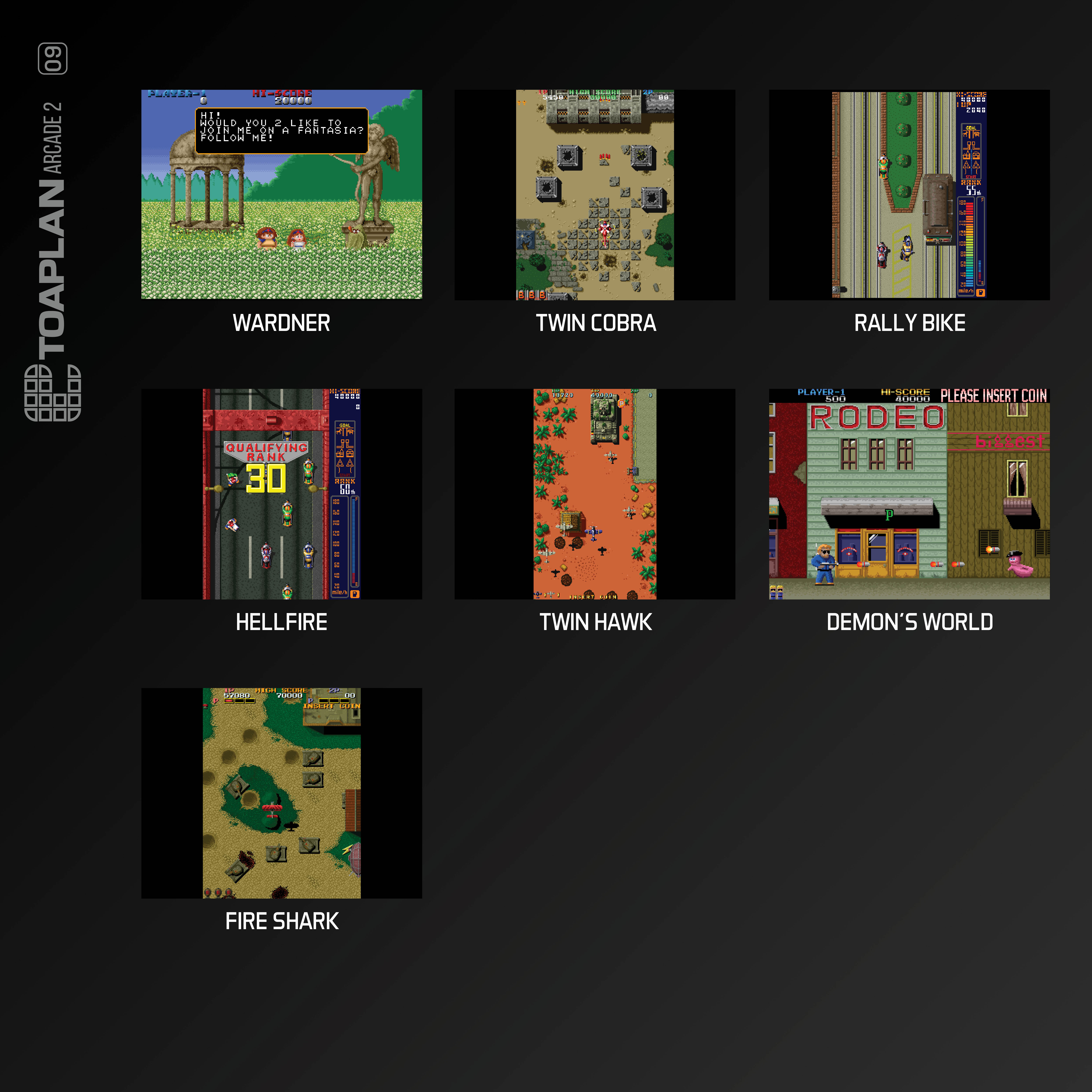 Ein Raster von sieben Retro-Arcade-Spiel-Screenshots auf schwarzem Hintergrund, mit Spieletiteln.