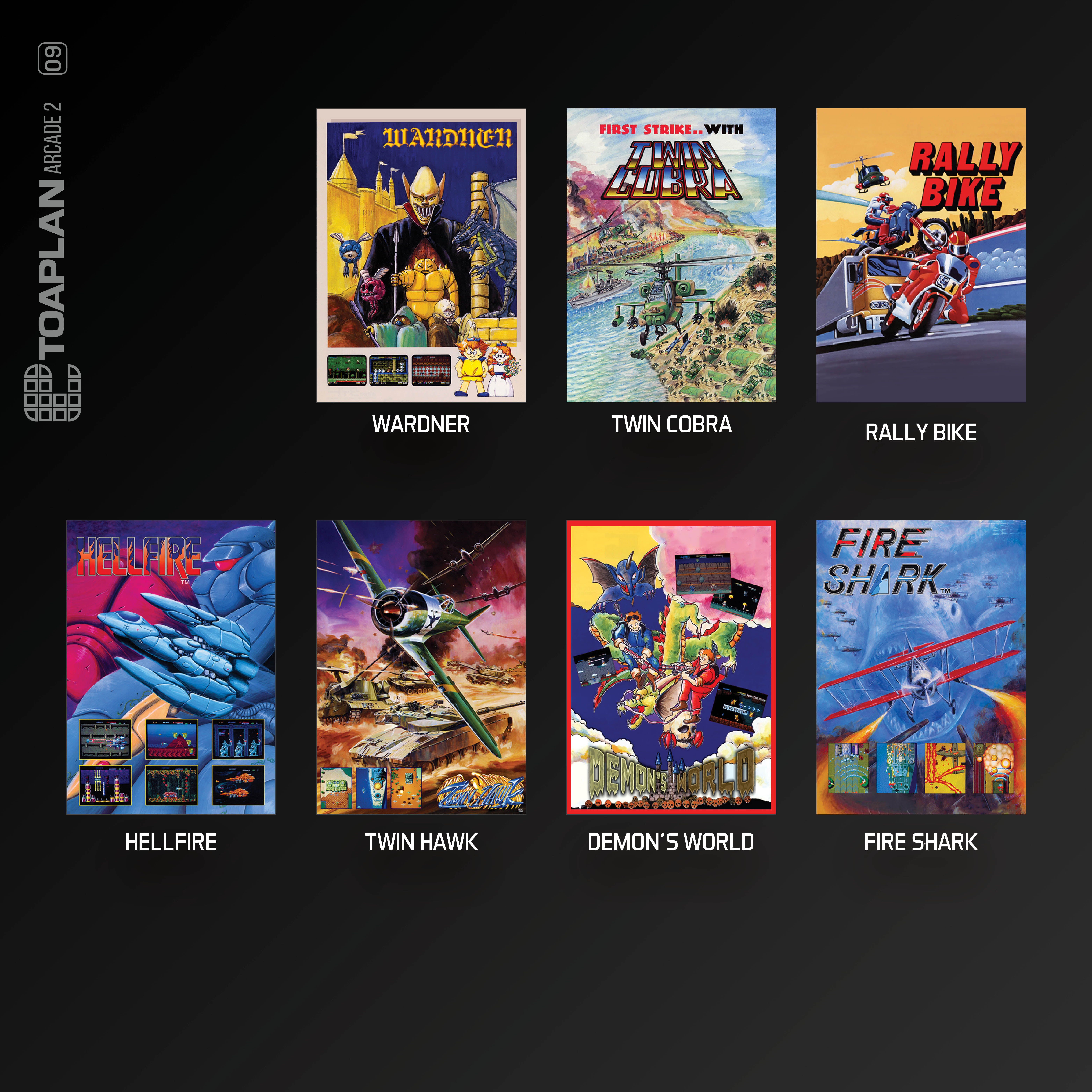 Spielautomaten-Poster, darunter Wardner, Twin Cobra, Rally Bike, Hellfire, Twin Hawk, Demon's World und Fire Shark.