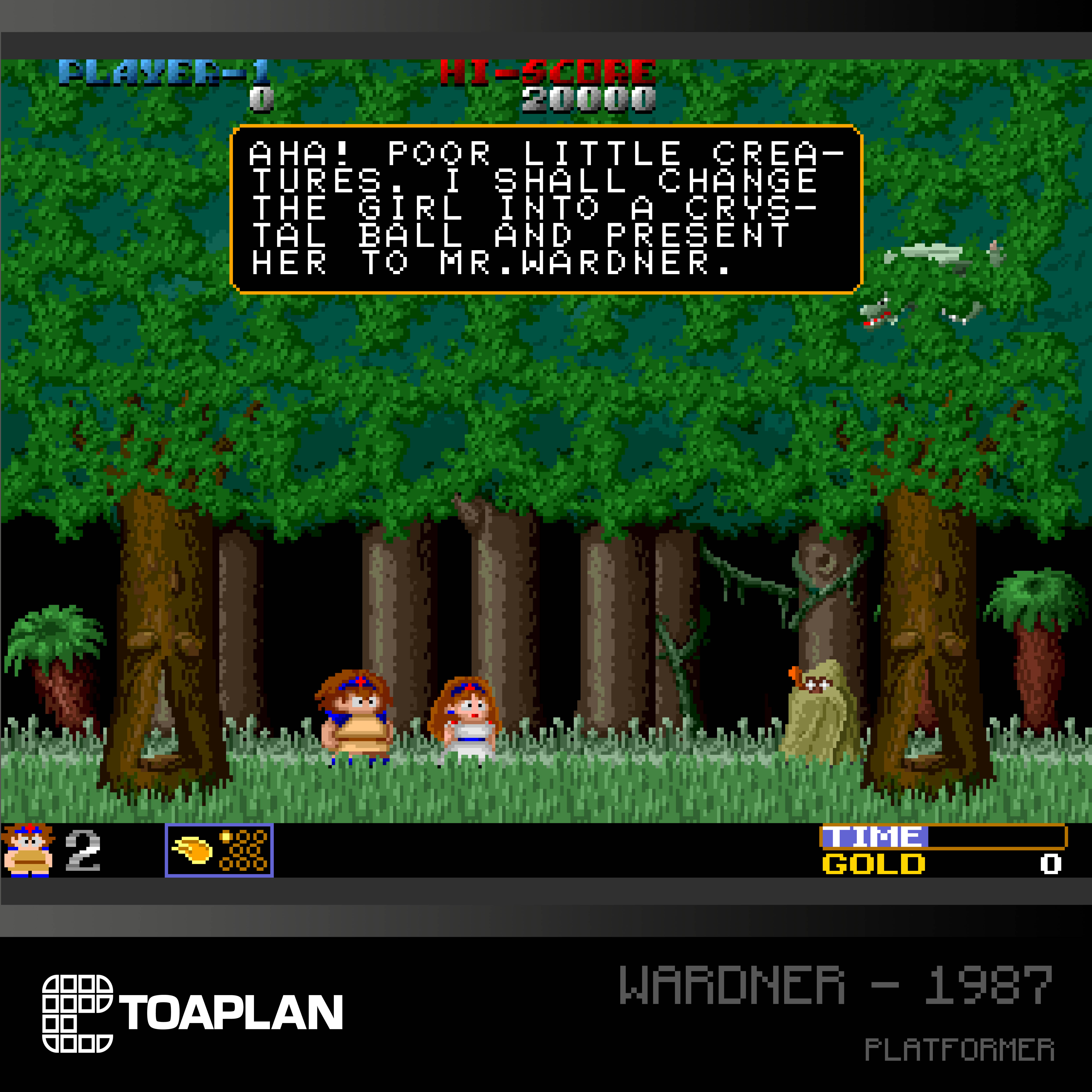 Screenshot eines Retro-Videospiels mit Textfeldern und pixeliger Grafik. Bäume, Figuren und Text sichtbar.