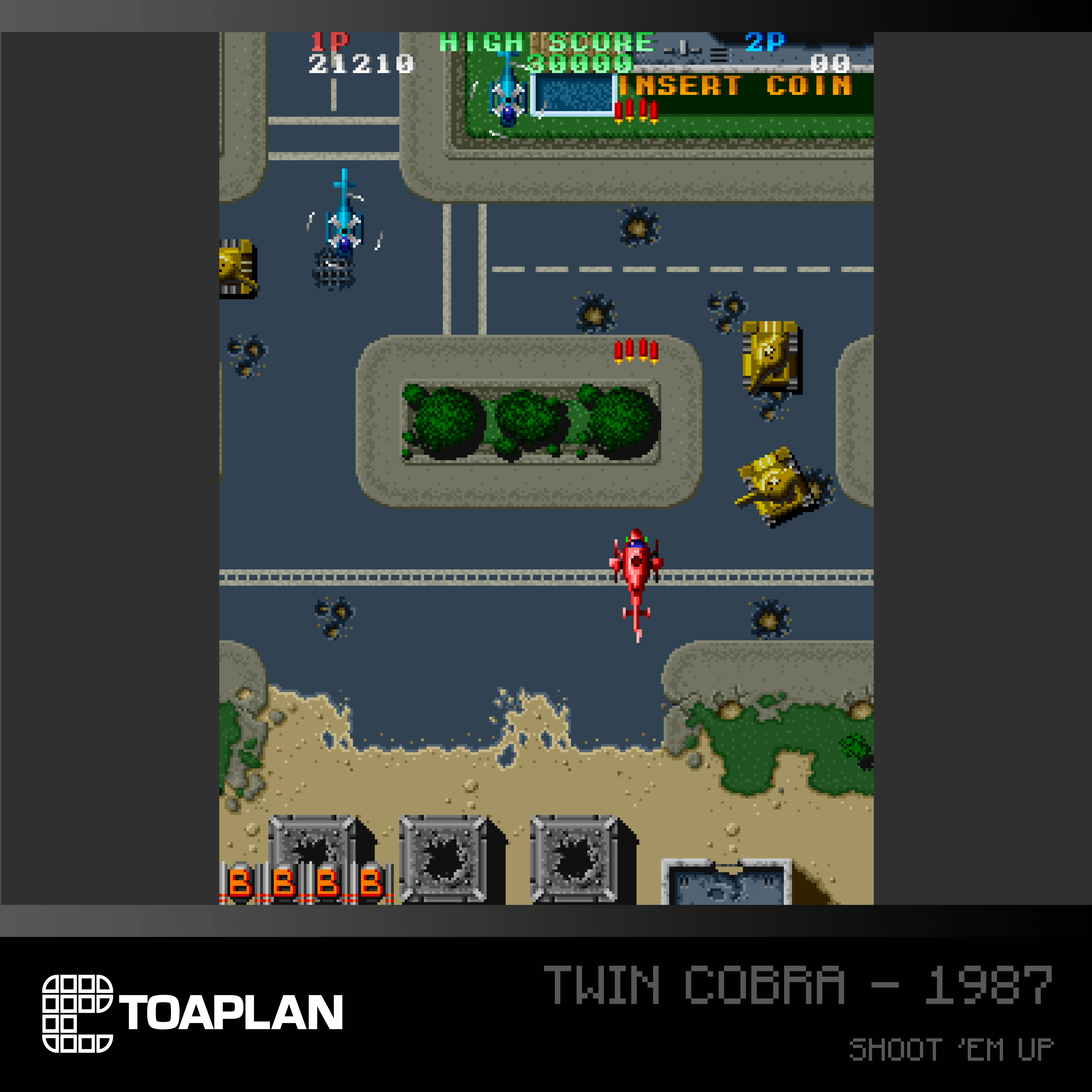 Screenshot eines klassischen Arcade-Spiels, eine Draufsicht auf ein Militärfahrzeug-Schießspiel.