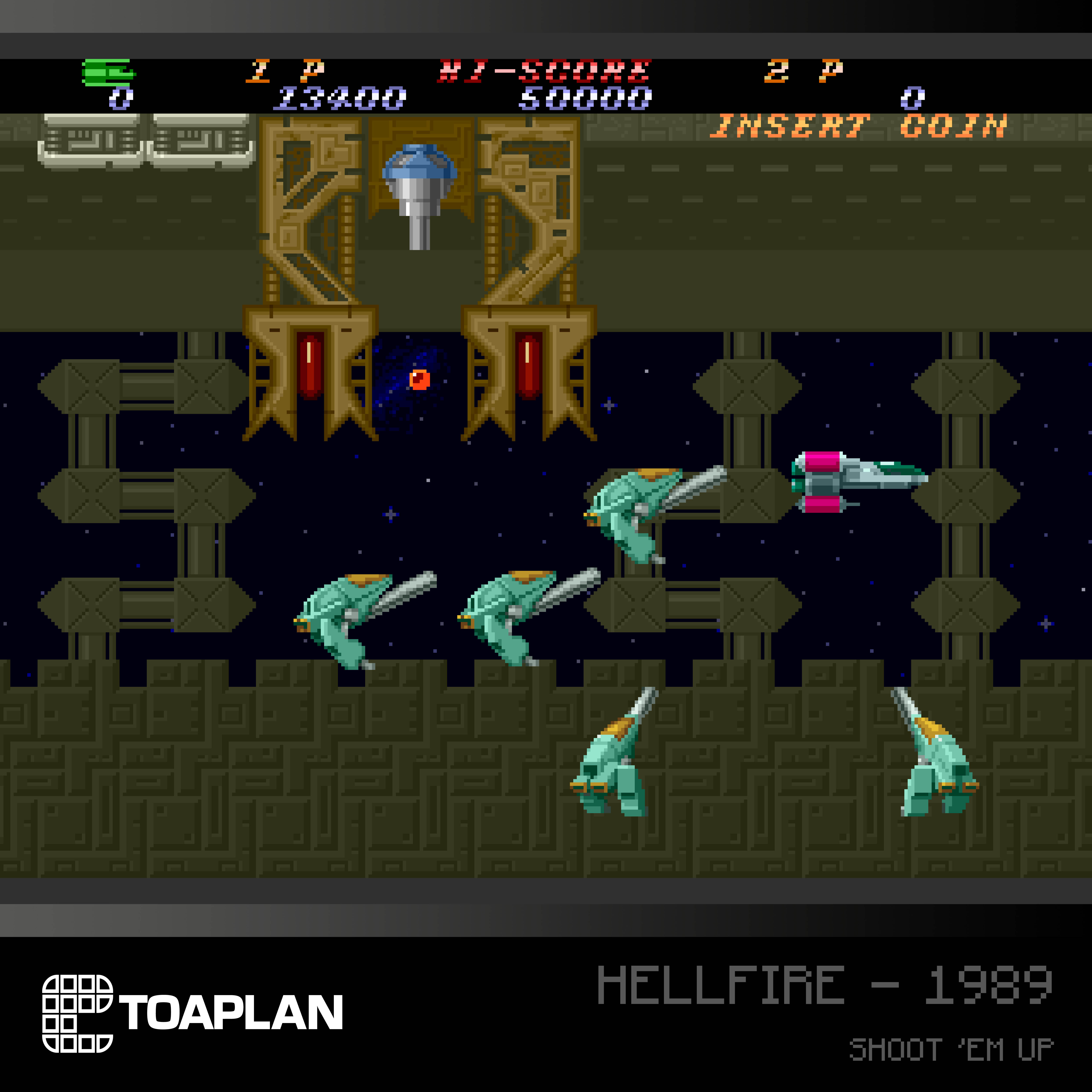 Pixeliges Bild eines Retro-Shooter-Spiels. Raumschiffe schießen aufeinander. Text: Hellfire 1989.