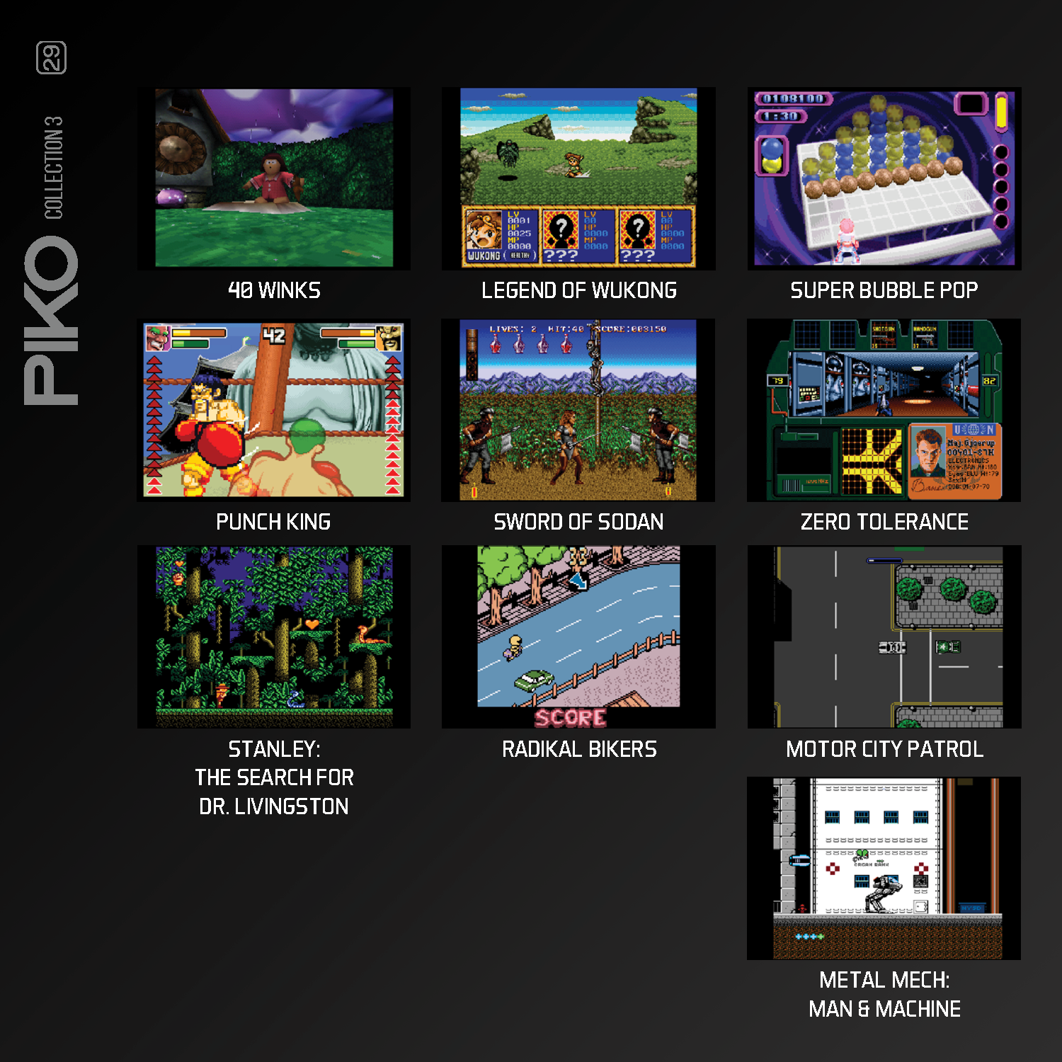 Ein Raster von neun Retro-Videospiel-Screenshots aus der Piko Collection 3.