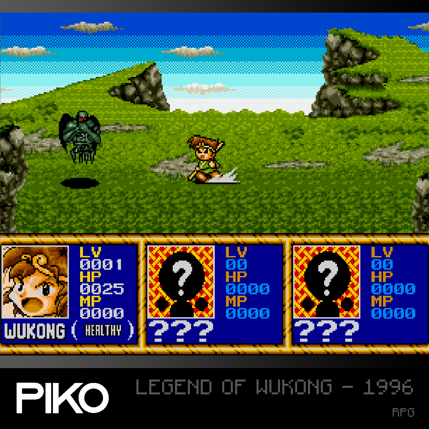 8-Bit-Videospielbildschirm. Eine Figur mit einem Schwert kämpft auf grünen Hügeln.
