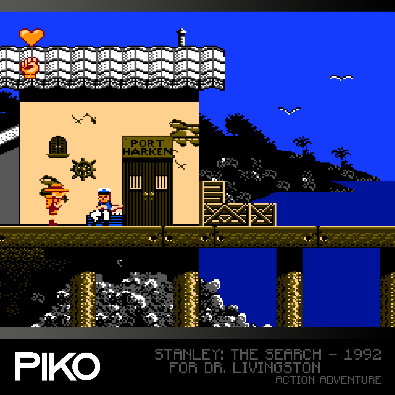 Eine Retro-Spielszene: Ein Gebäude mit der Aufschrift 'Port Harken'. Ein Mann mit Hut und ein Matrose stehen an der Tür.