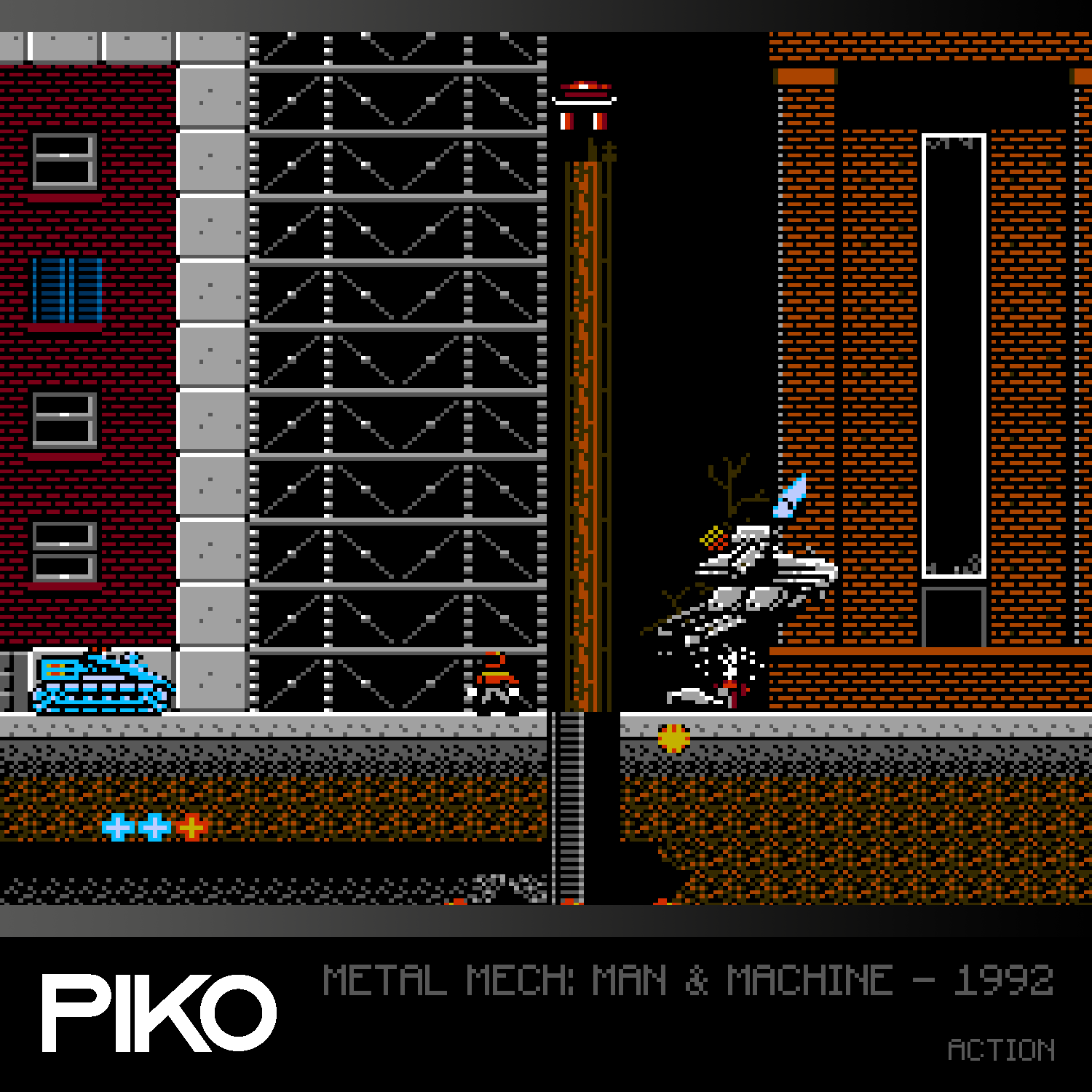 8-Bit-Spielszene. Ein Gebäude, ein Charakter und eine schießende Maschine. Das Wort PIKO ist unten sichtbar.