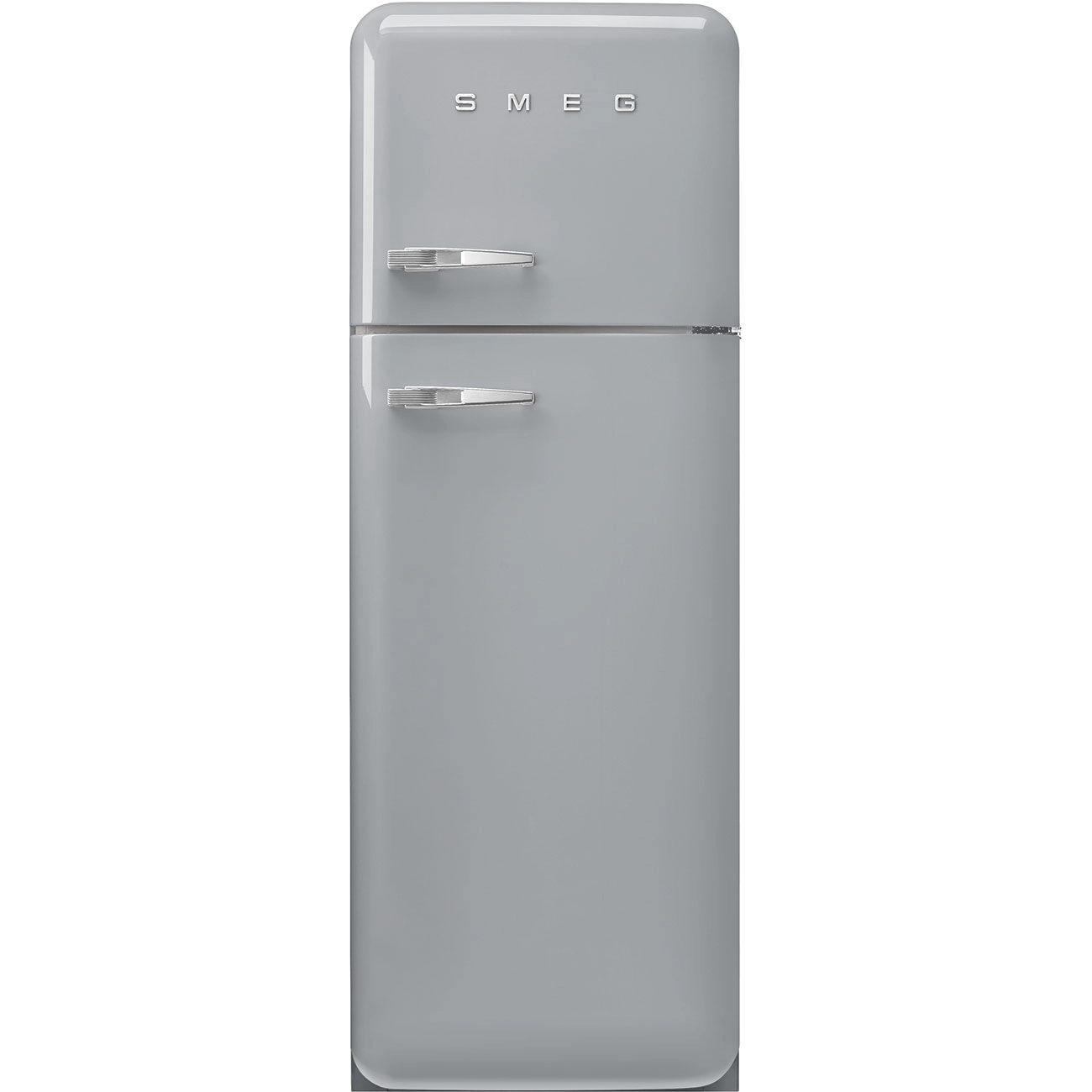 Grauer SMEG Kühlschrank. Zwei silberne Griffe, klassisches Retro-Design.