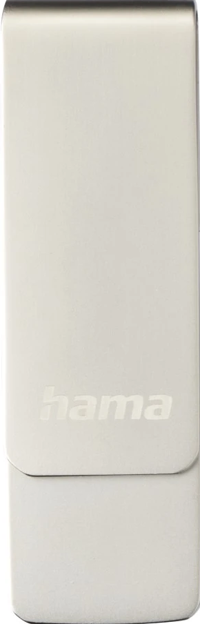 Silberner USB-Stick mit dem Markennamen "hama" darauf.