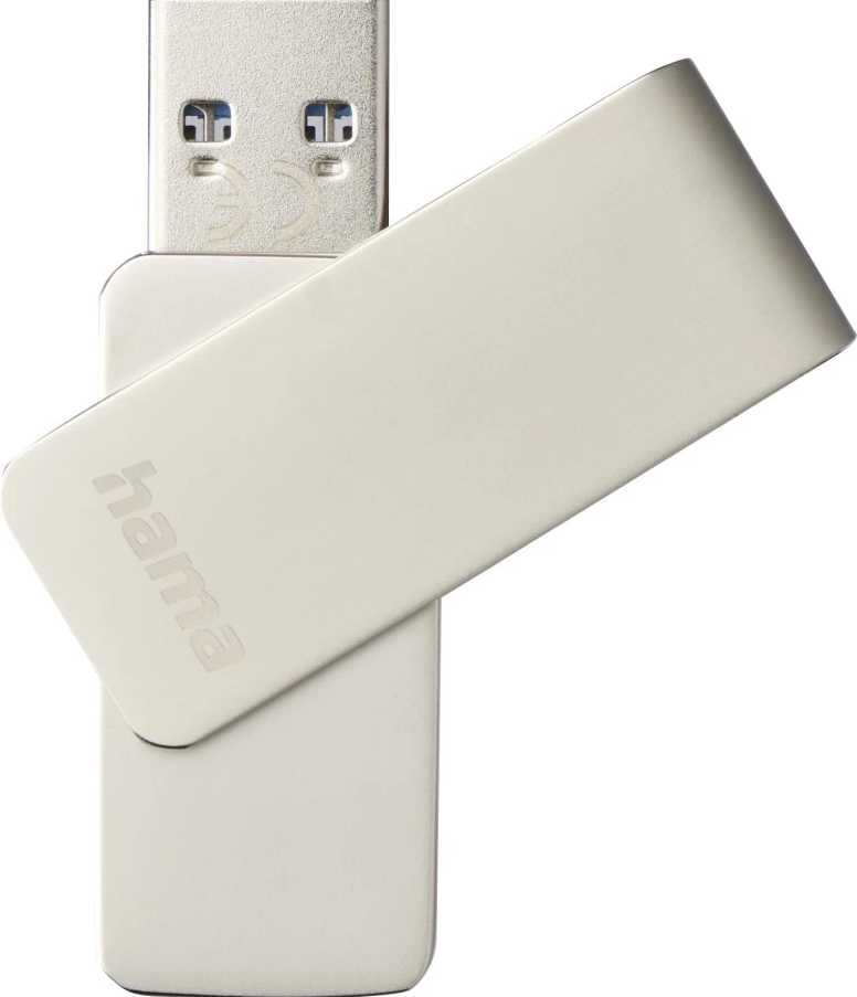 Silberner USB-Stick mit dem Markennamen "hama" darauf, vor weißem Hintergrund.