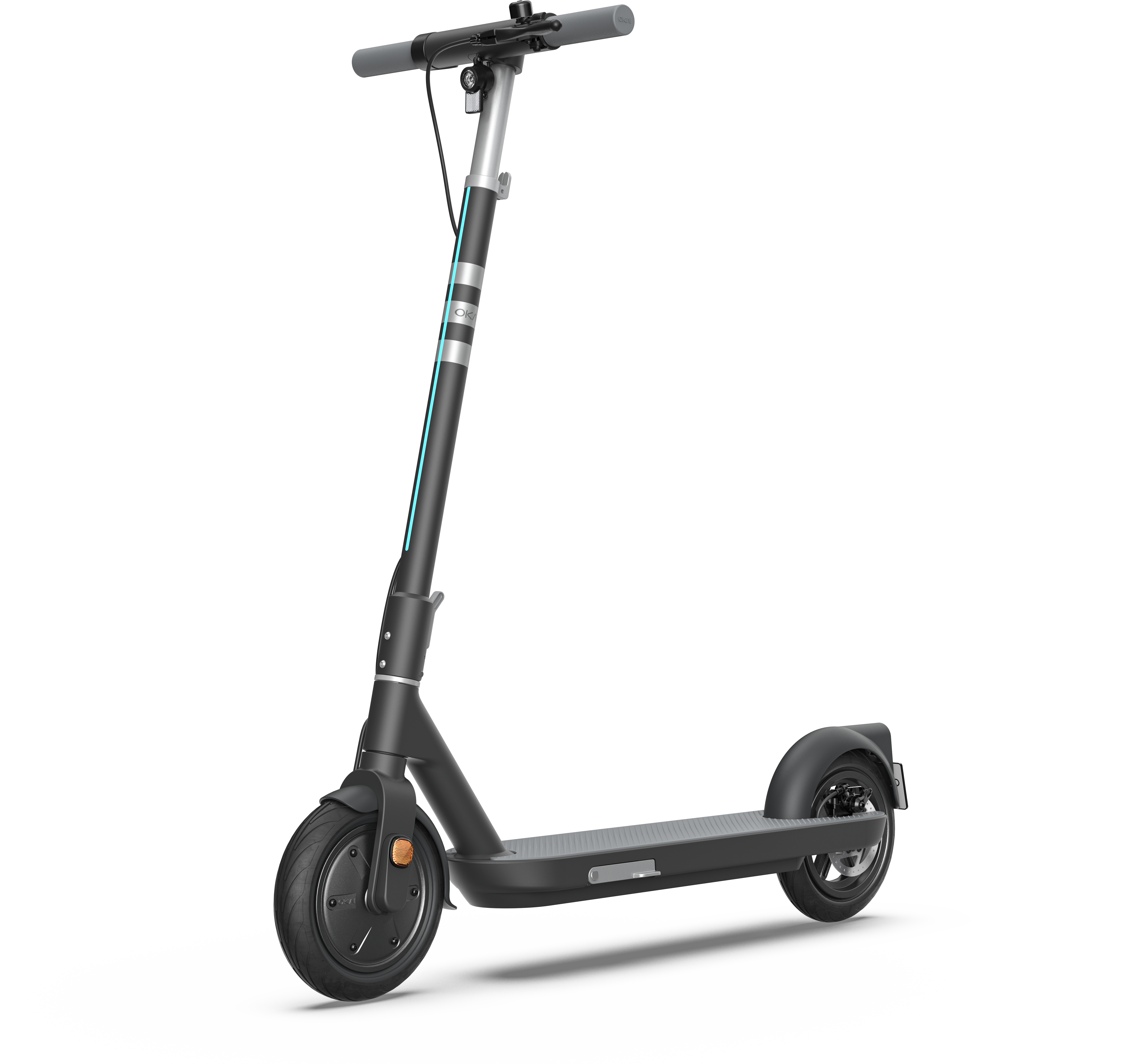 Fekete elektromos roller. Kék csík van a szárán.