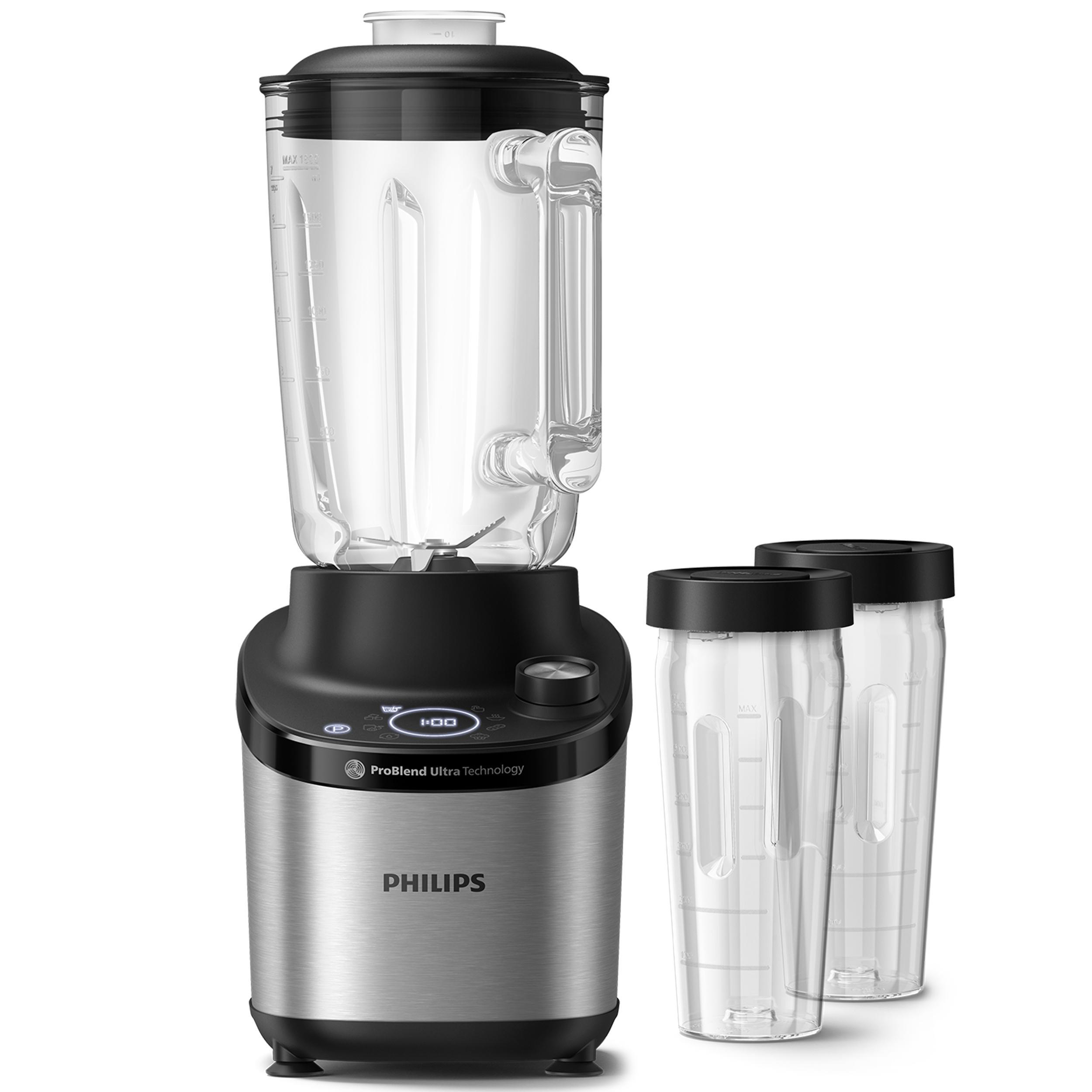 Ein Mixer mit zwei zusätzlichen Bechern. Der Mixer ist silber und schwarz. Isoliert auf Weiß. ProBlend Ultra Technology.