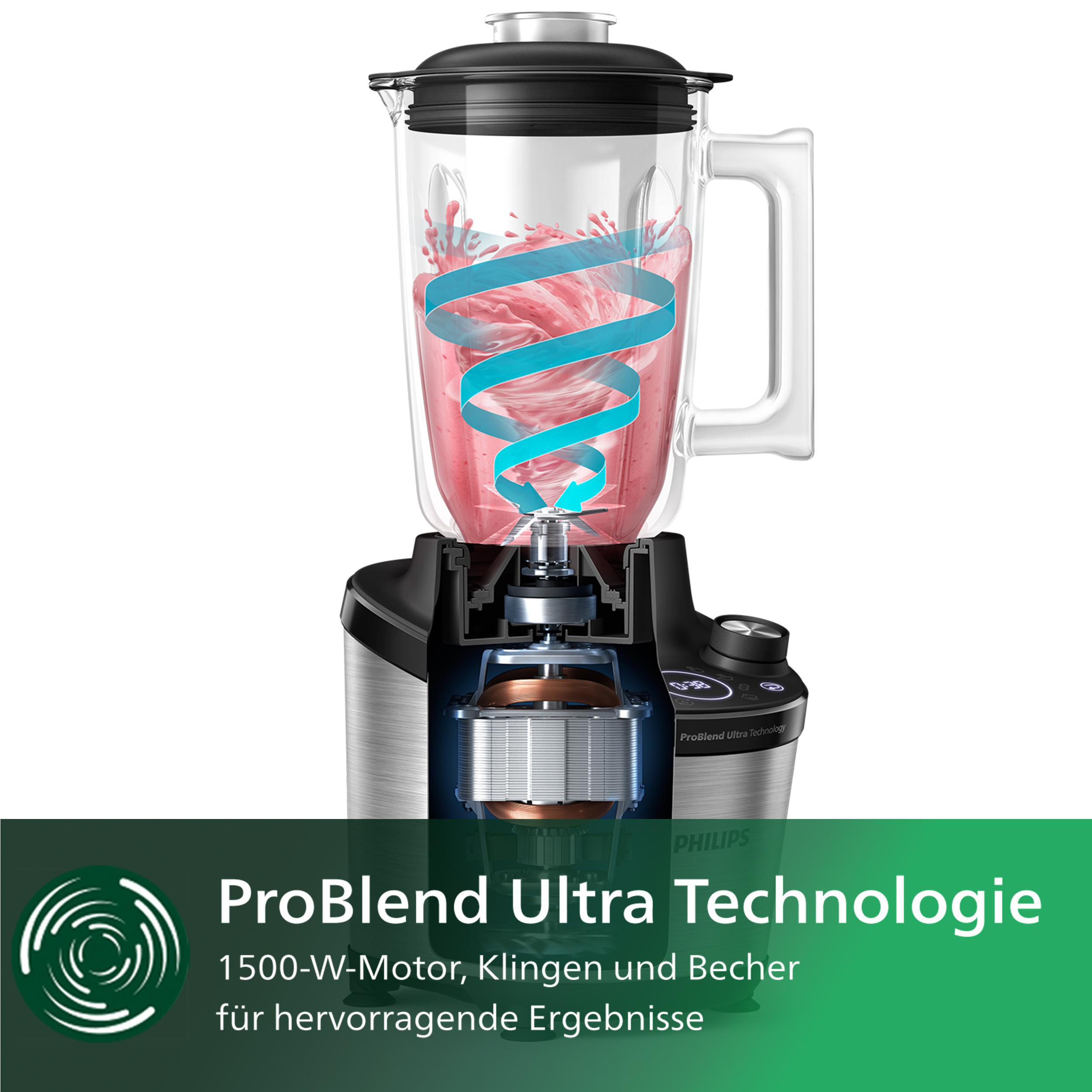 Mixer in Aktion, mit Querschnittsansicht. Rosa Flüssigkeit mit blauem Wirbel, silberne Basis.