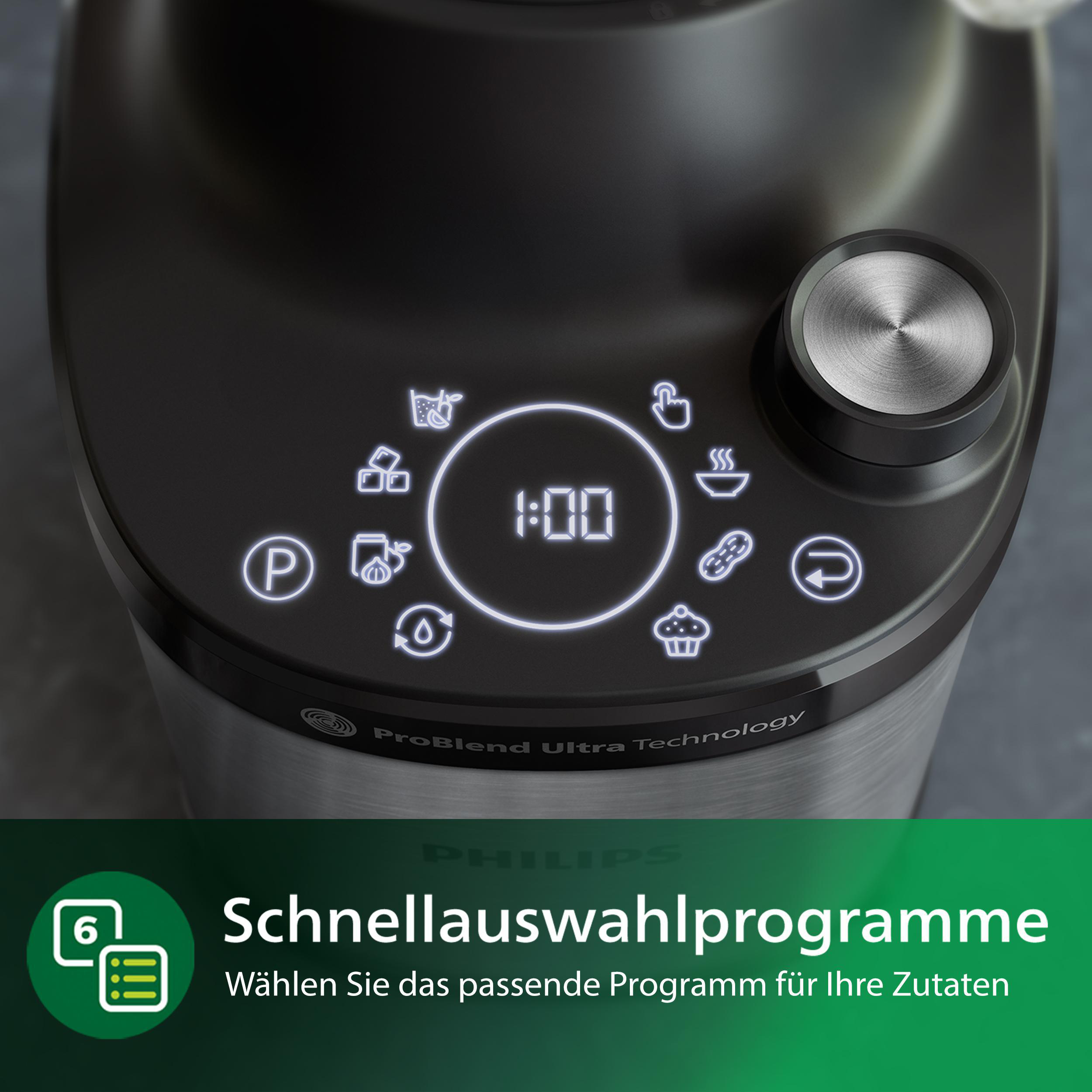 Nahaufnahme eines schwarzen Mixer-Bedienfelds mit mehreren Symbolen und Digitalanzeige 1:00.