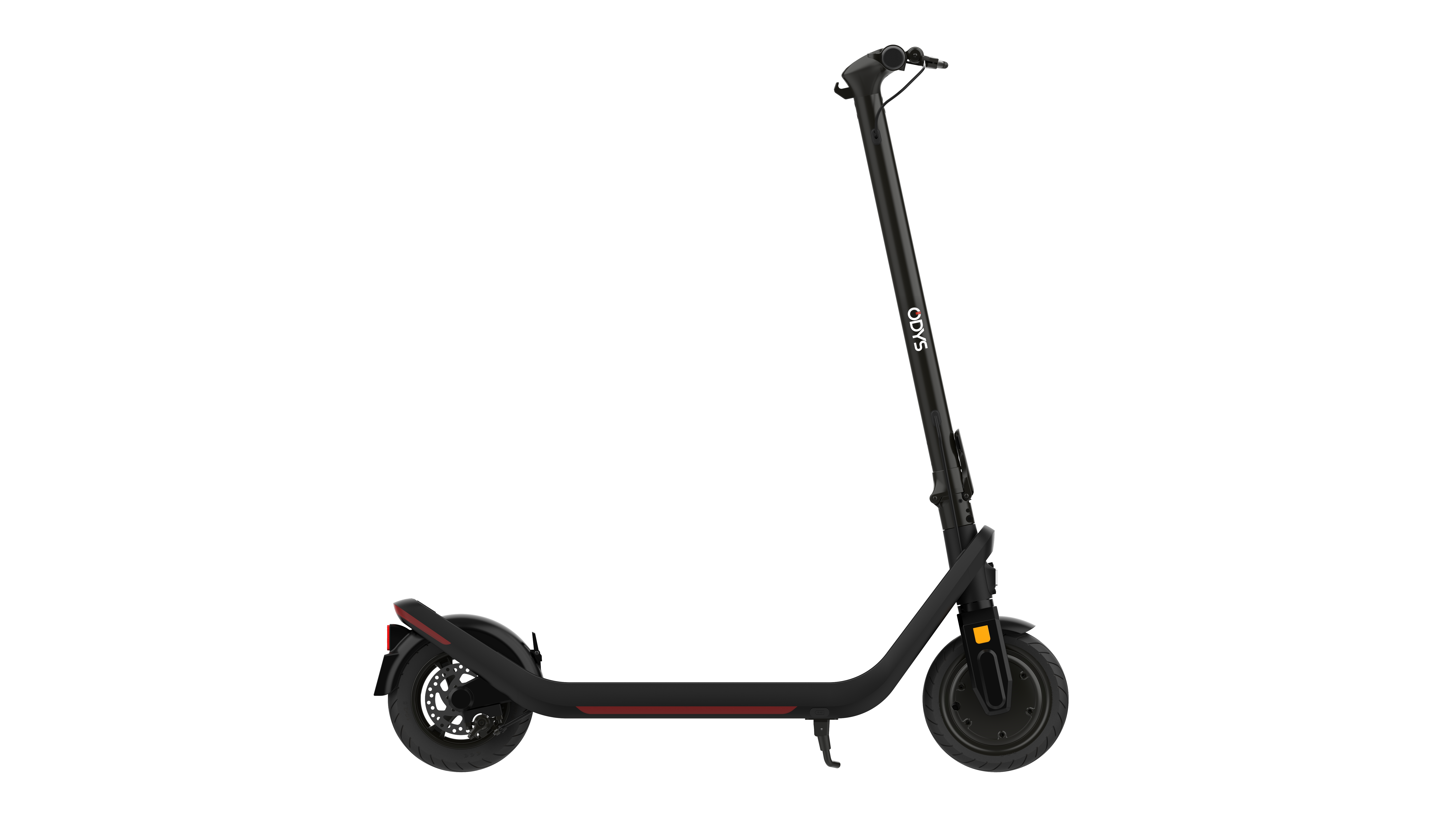 Schwarzer Elektroroller, Vorderansicht. Der Roller steht auf weißem Hintergrund.