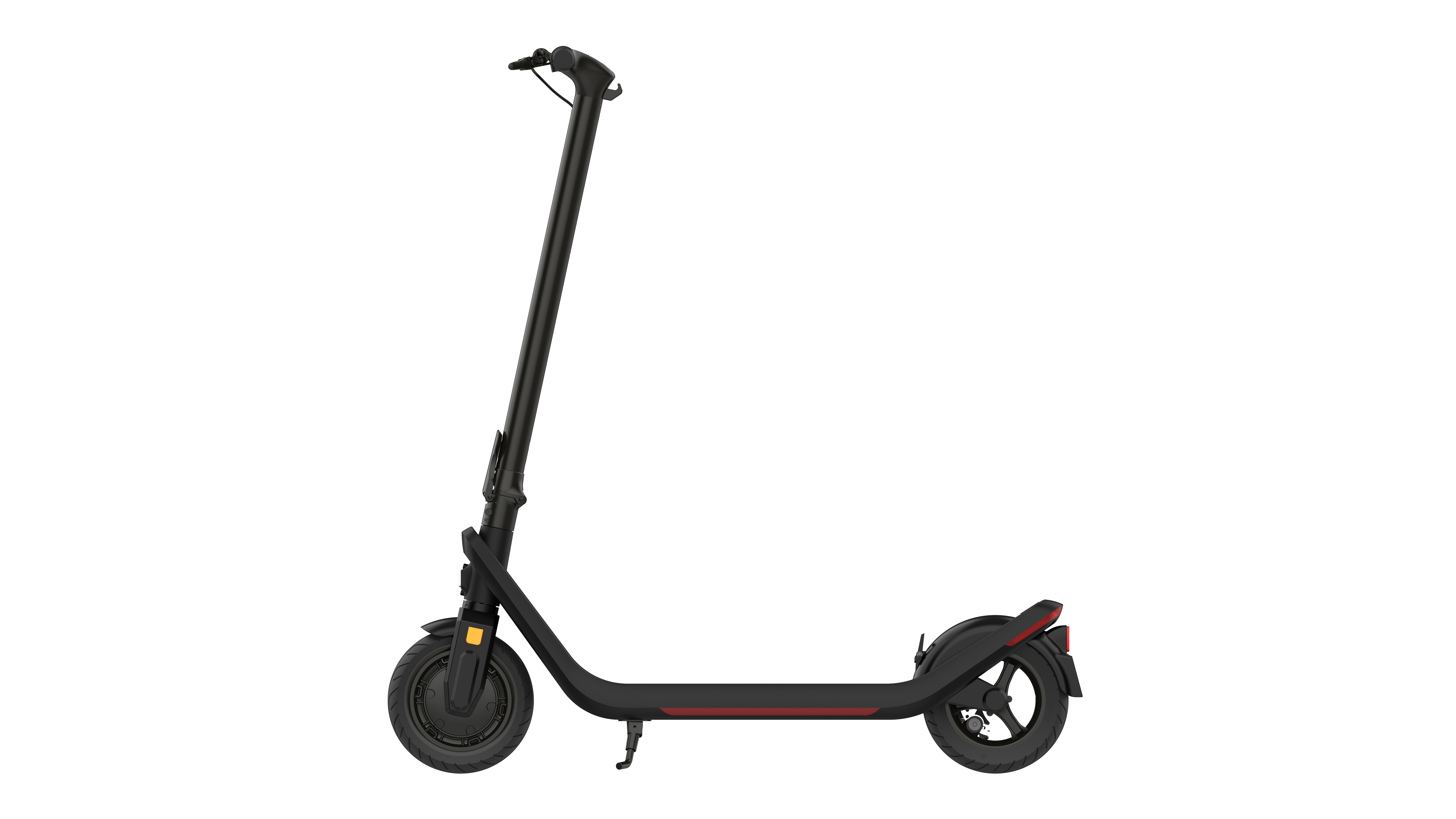 Schwarzer Elektroroller auf weißem Hintergrund. Der Roller ist nach rechts abgewinkelt.