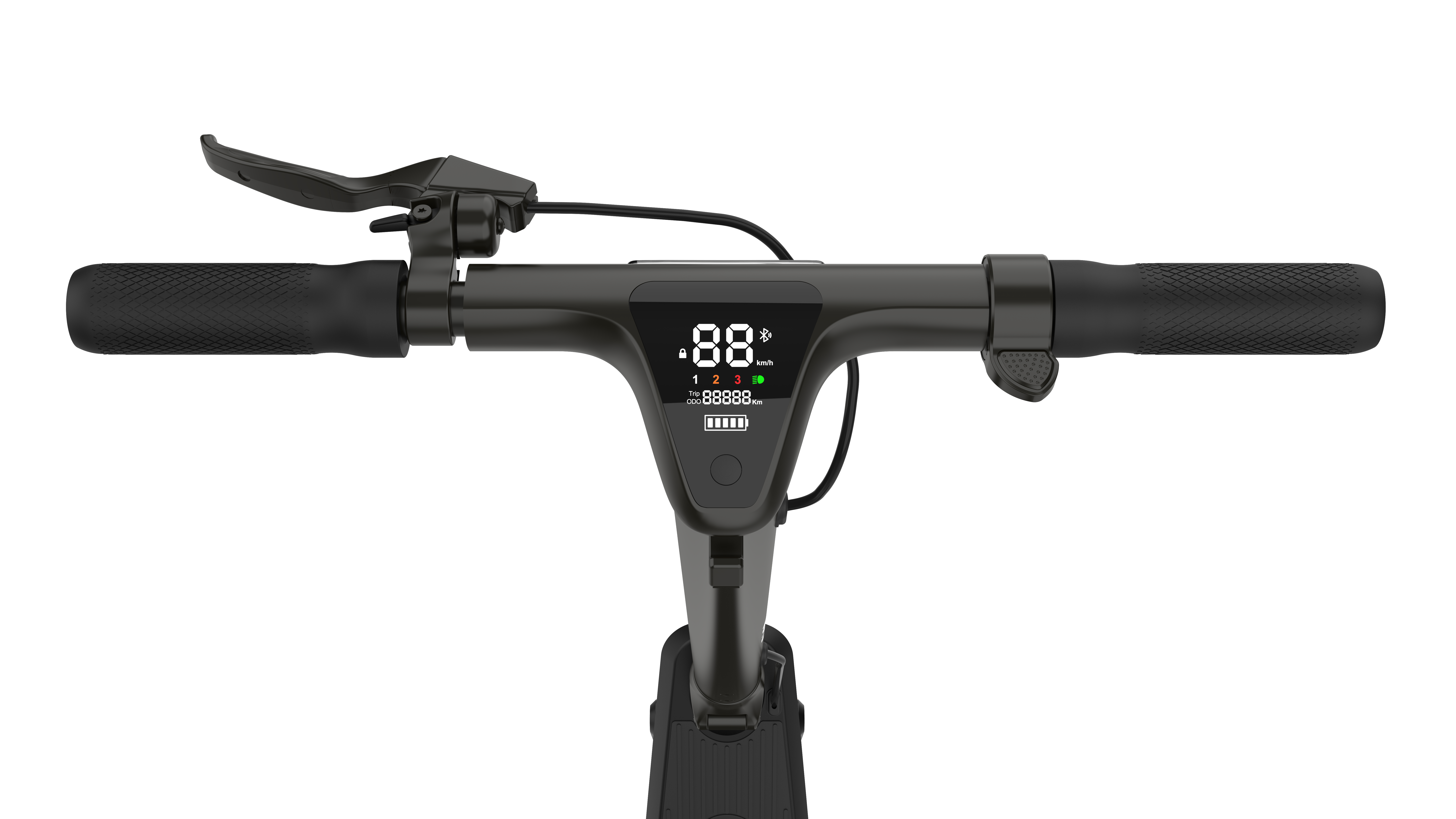 Ein Rollerlenker mit Display, das Geschwindigkeit und Batterie anzeigt, schwarz.