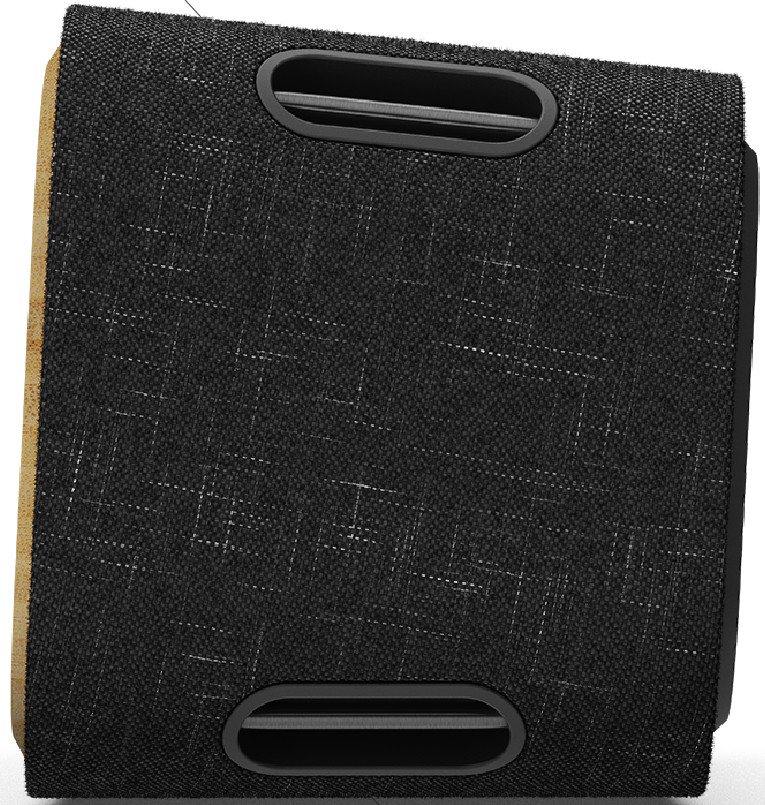 Zwarte luidspreker met twee ovale ventilatieopeningen. De luidspreker heeft een textuur van stof en een beige zijkant.