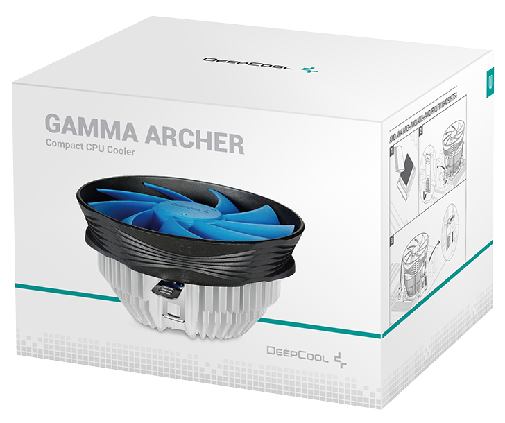 Deepcool Gamma Archer CPU-hűtő doboza. A hűtőt, a ventilátort és a doboz részleteit mutatja.