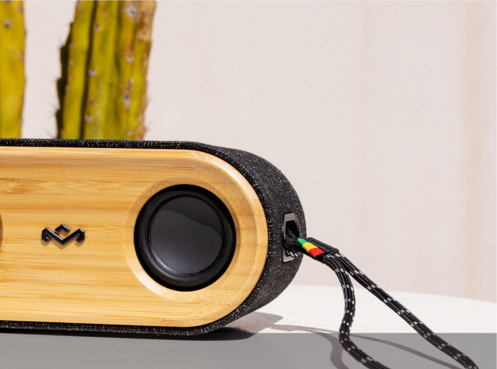 Houten luidspreker met zwarte accenten, een zwarte kabel en een groene plant op de achtergrond.