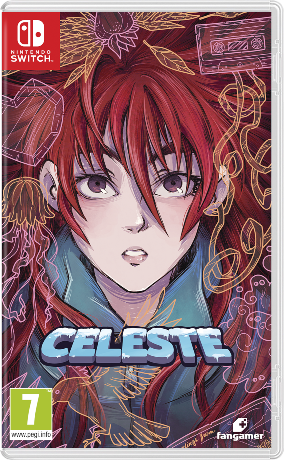 Boîte de jeu Celeste. Une fille aux cheveux roux lève les yeux. Le titre du jeu est en bleu. Logo Nintendo Switch.
