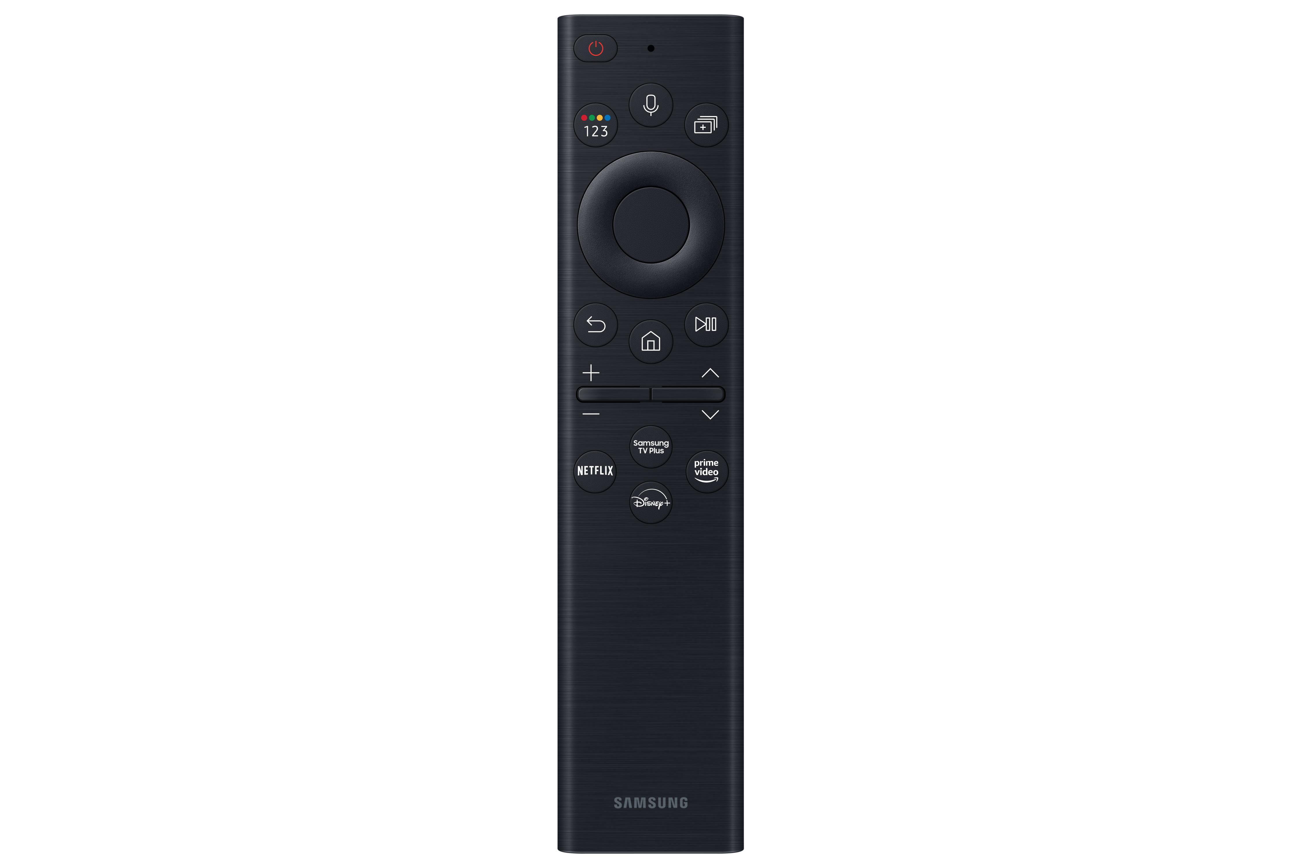 Schwarze TV-Fernbedienung mit Tasten, einschließlich Ein/Aus, Lautstärke, Kanal und App-Verknüpfungen.