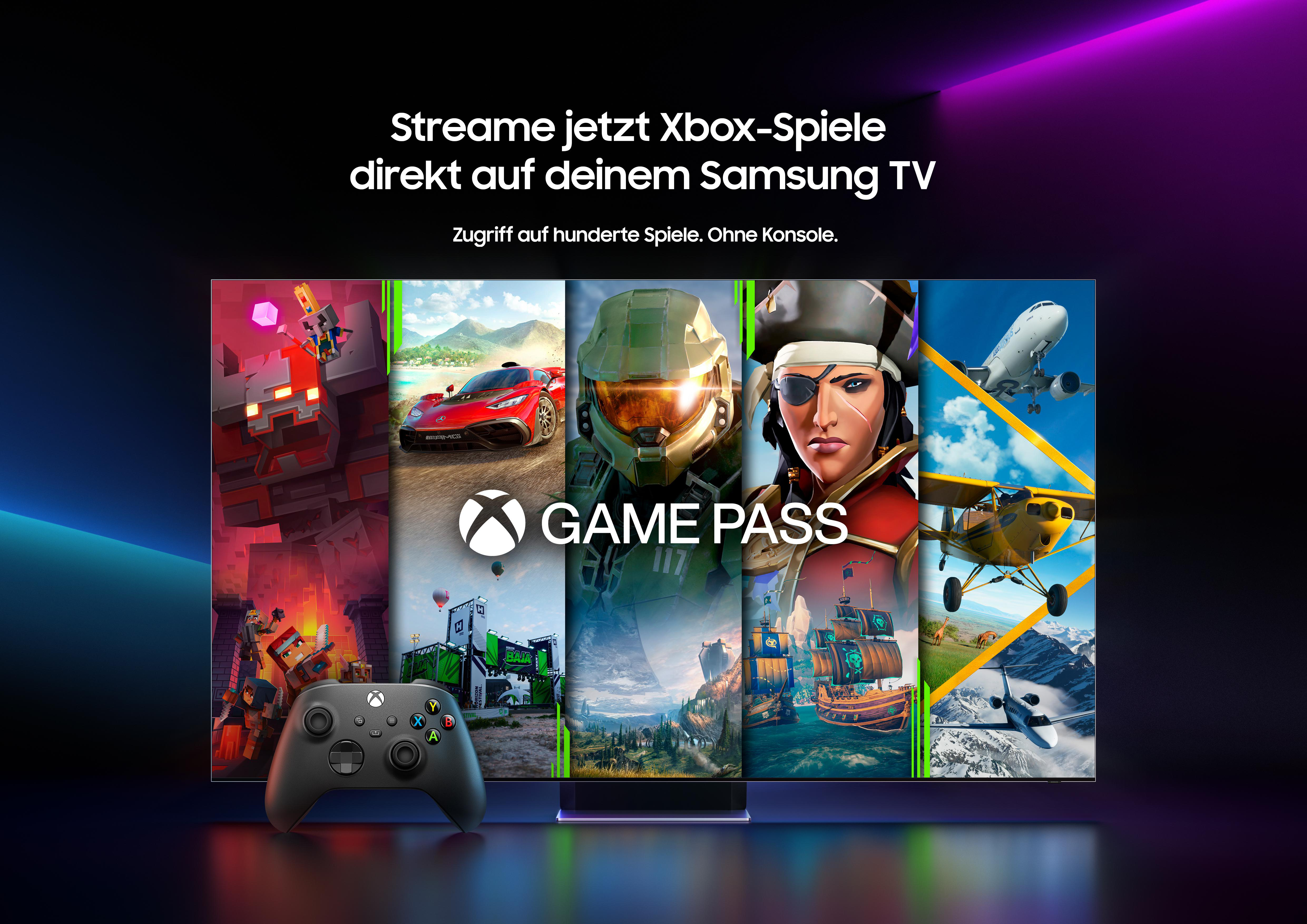 Gaming-TV mit Xbox Game Pass-Werbung, Spiele-Screenshots.