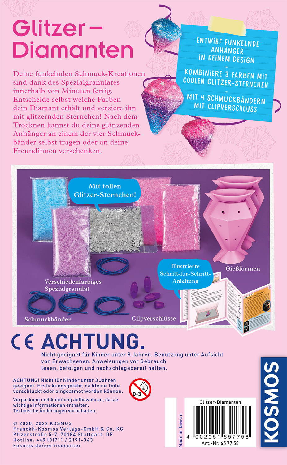 Rückseite einer Bastelbox mit Glitzerdiamanten und verschiedenen Bastelmaterialien.