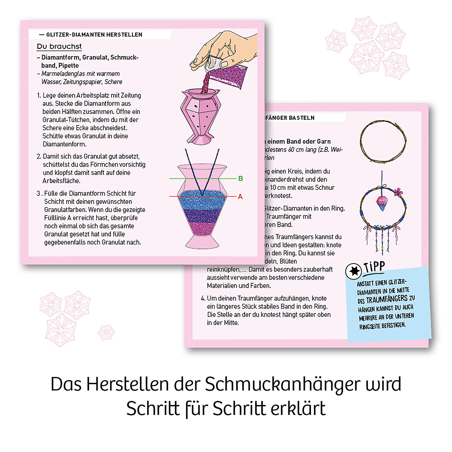 Anweisungen zur Herstellung eines Traumfängers. Enthält Text, Diagramme und Schritte zur Herstellung des Handwerks.