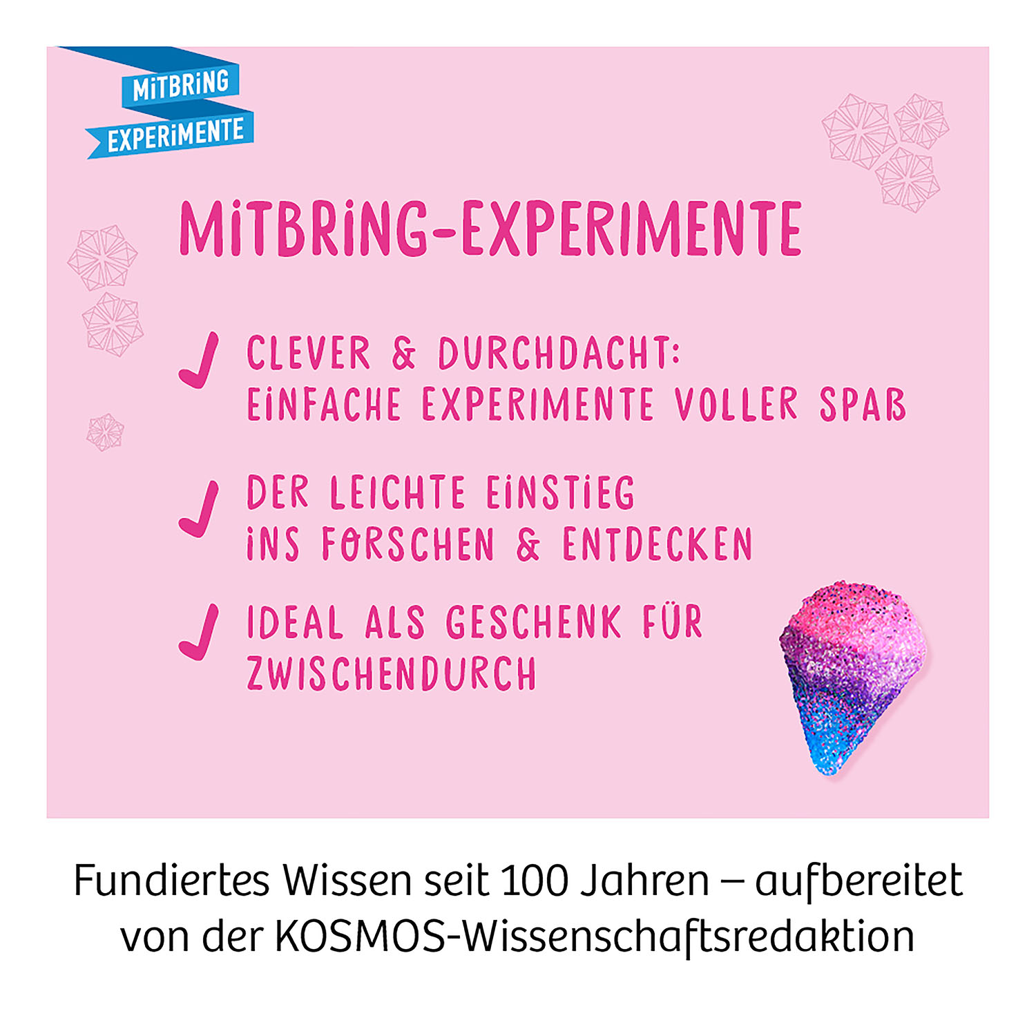 Text und Bild für Experimente, mit Häkchen und einem Eis.