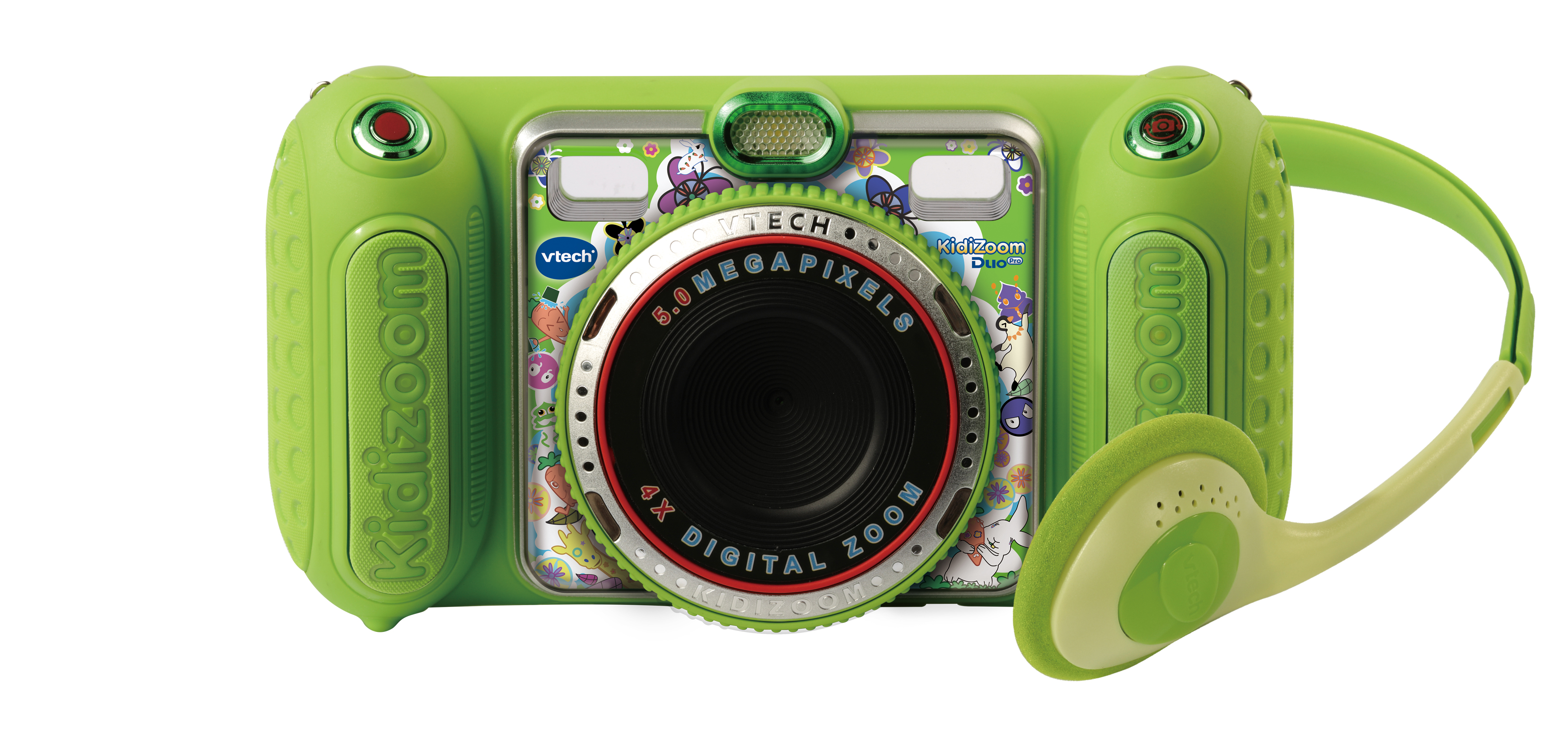 Grüne Kidizoom Duo Kamera mit 4X Digitalzoom, Kopfhöreranschluss und farbenfrohem Design.