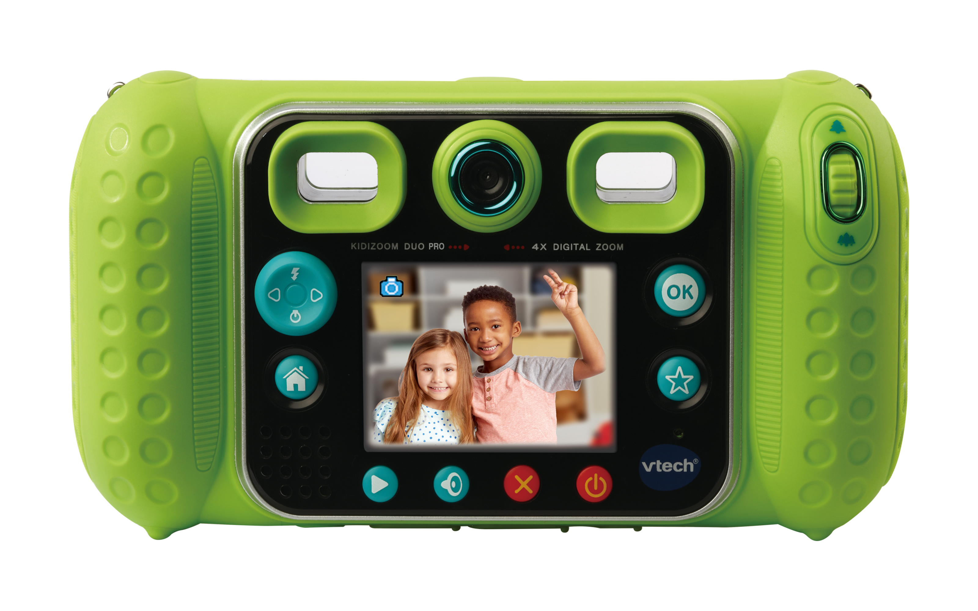 Grüne Kinderkamera mit zwei Objektiven. Zwei Kinder sind auf dem Bildschirm zu sehen, lächeln, posieren.
