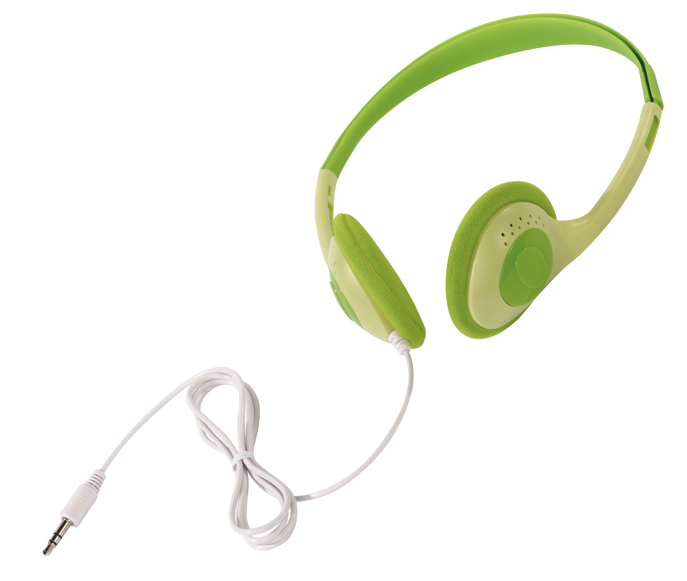 Grüne und weiße Kopfhörer mit weißem Kabel.