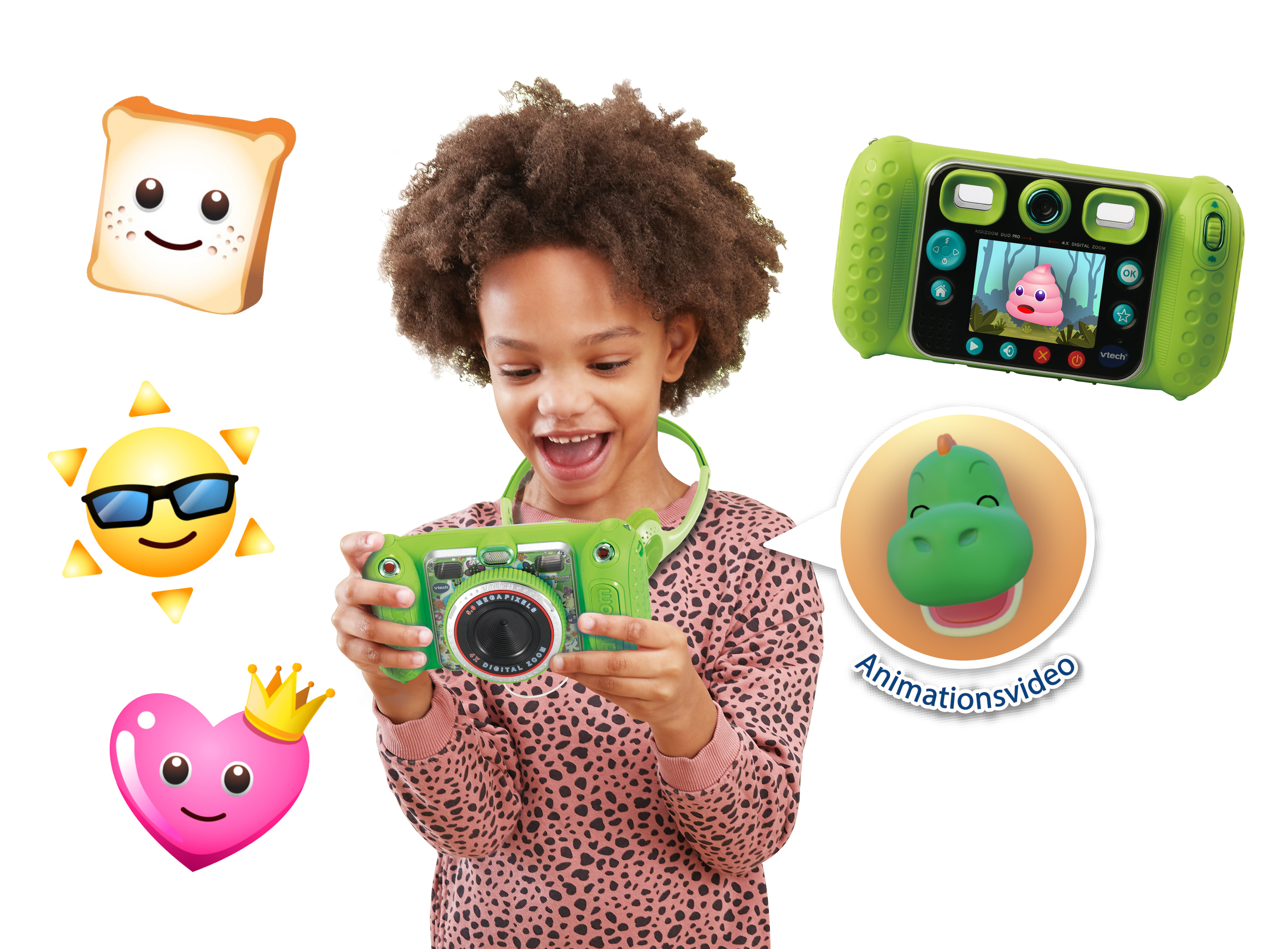 Ein Kind hält eine grüne Kamera, umgeben von Emojis und einem digitalen Bildschirm mit Animation.