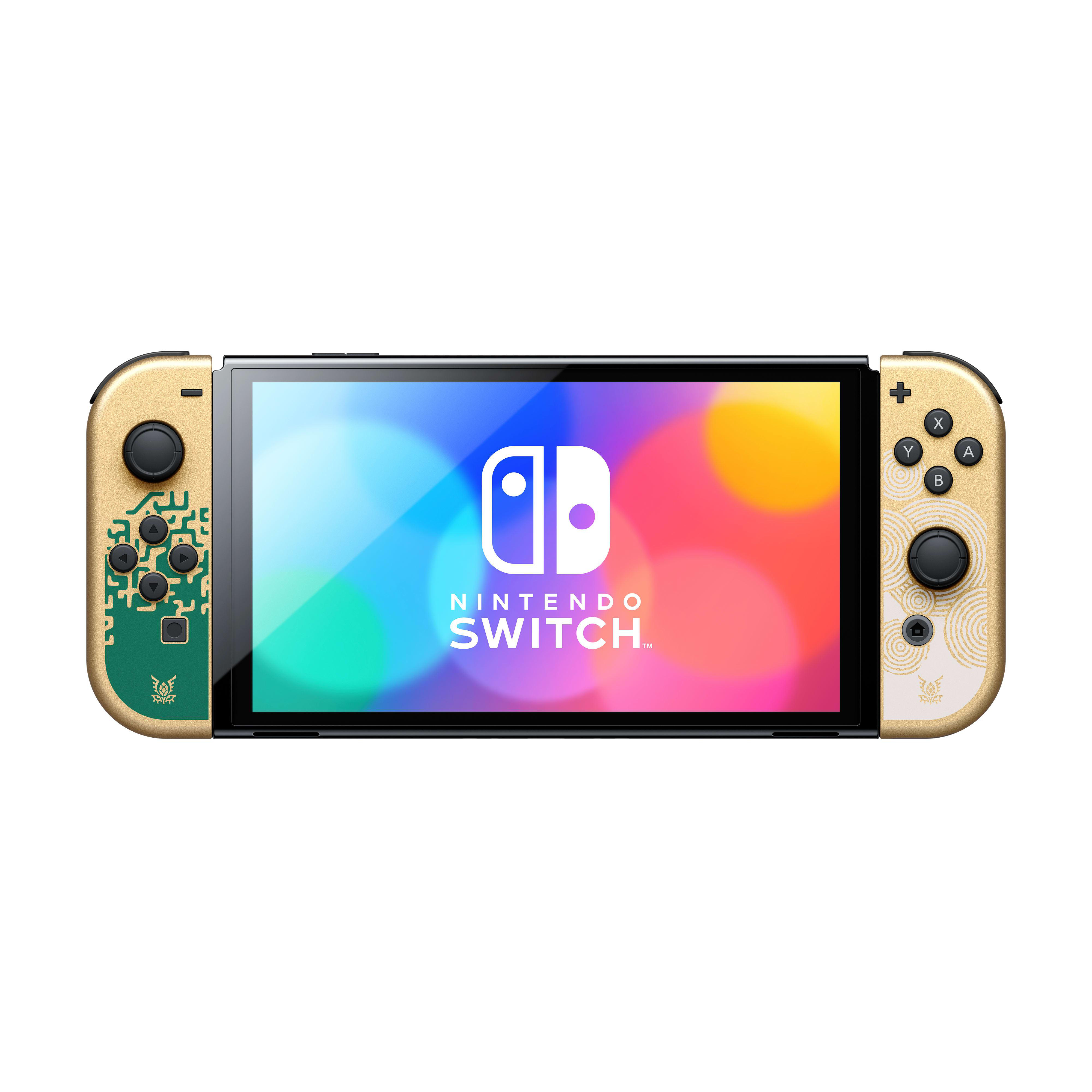 Eine Nintendo Switch-Spielekonsole mit goldenen Controllern und einem hellen Bildschirm.