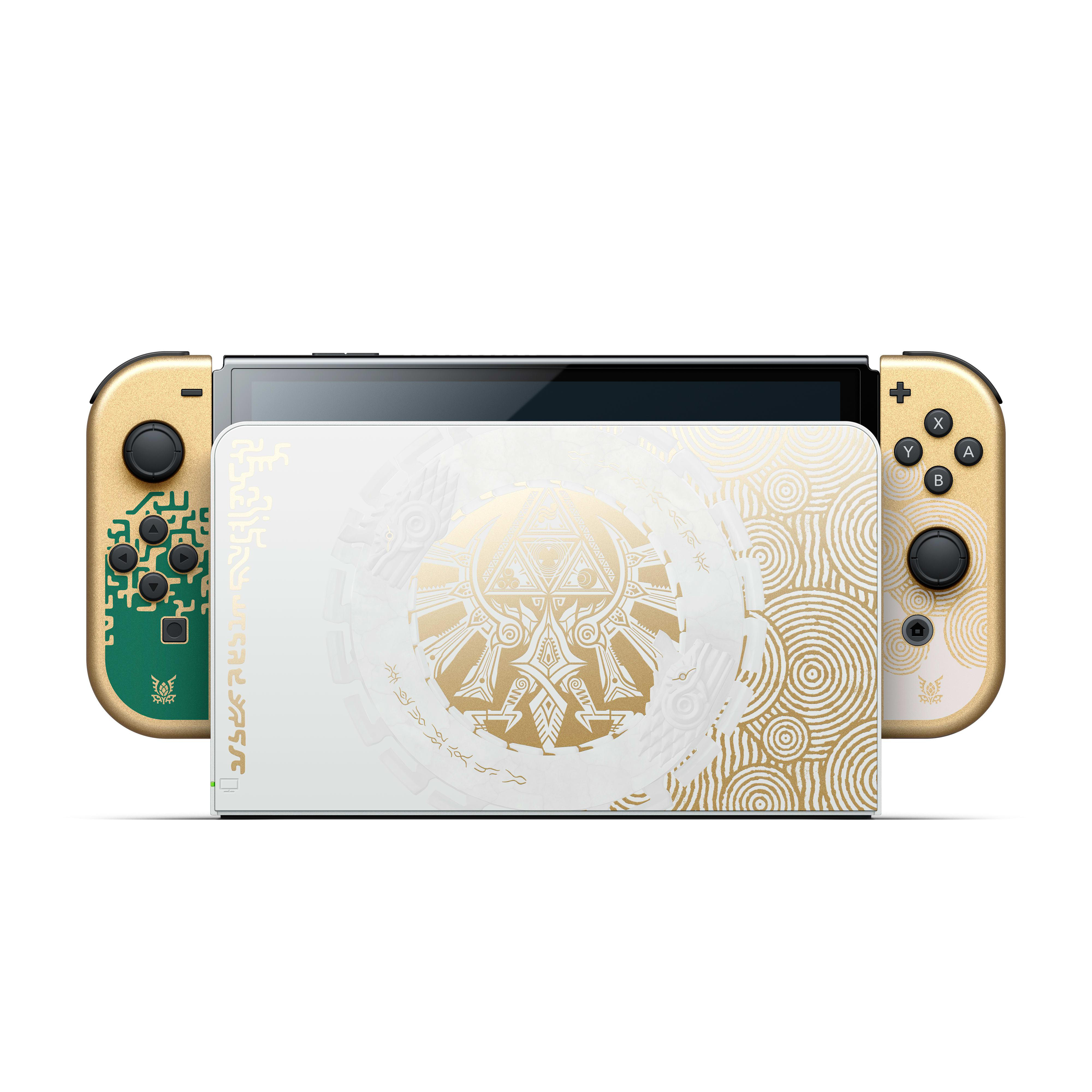 Eine Nintendo Switch mit goldenem und grünem Design.