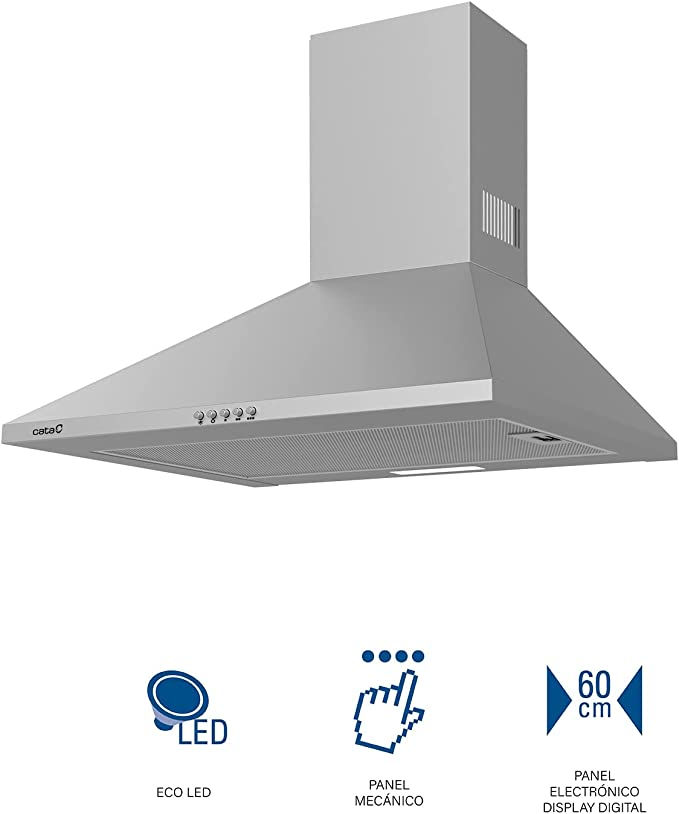 Campana extractora Cata plateada con iconos LED y pantalla digital abajo.